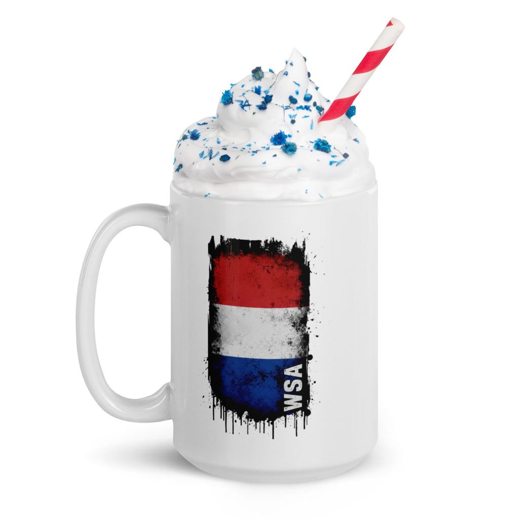 White mug with a red, white, and blue design and 'WSA' text on a white background