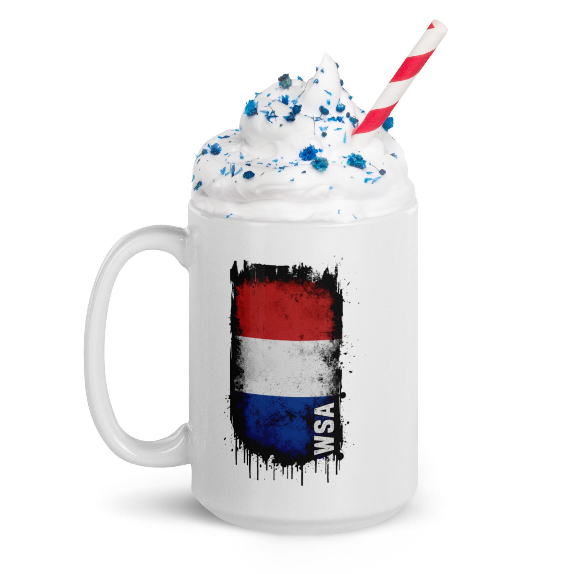 White mug with a red, white, and blue design and 'WSA' text on a white background