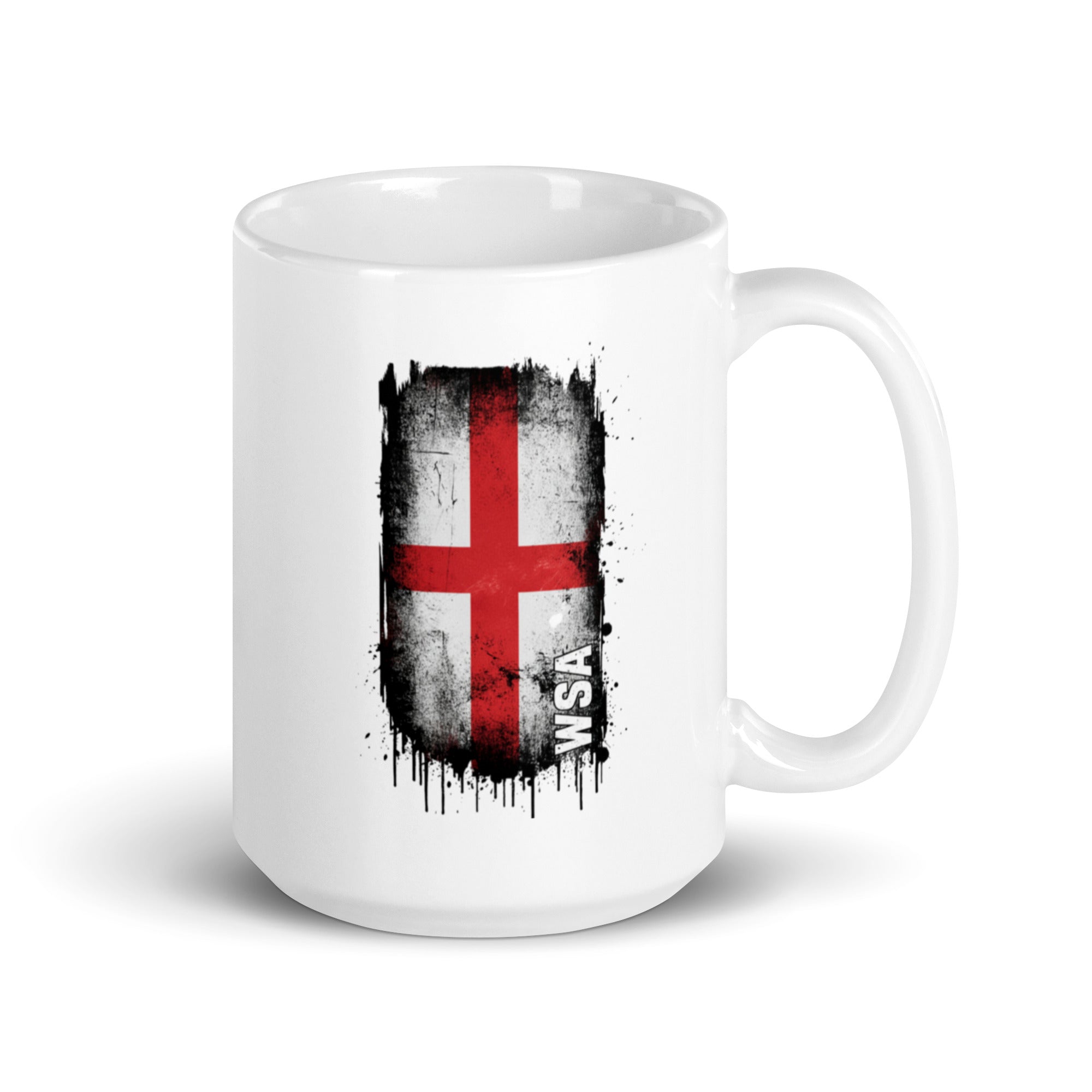 White mug with a black and red flag design on a white background
