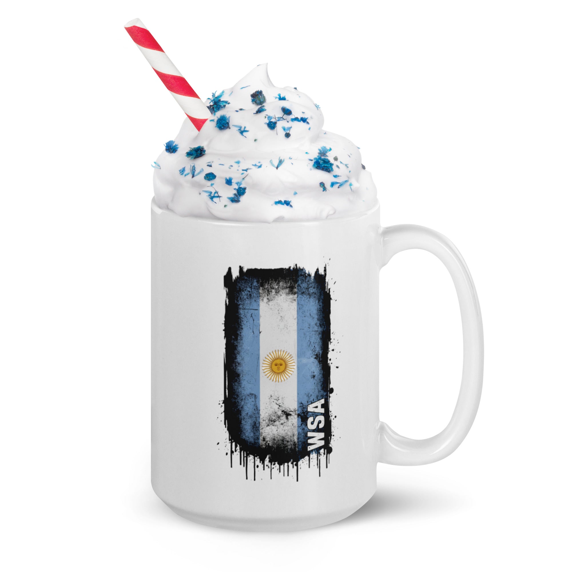 Mug with a flag design and whipped cream on a white background