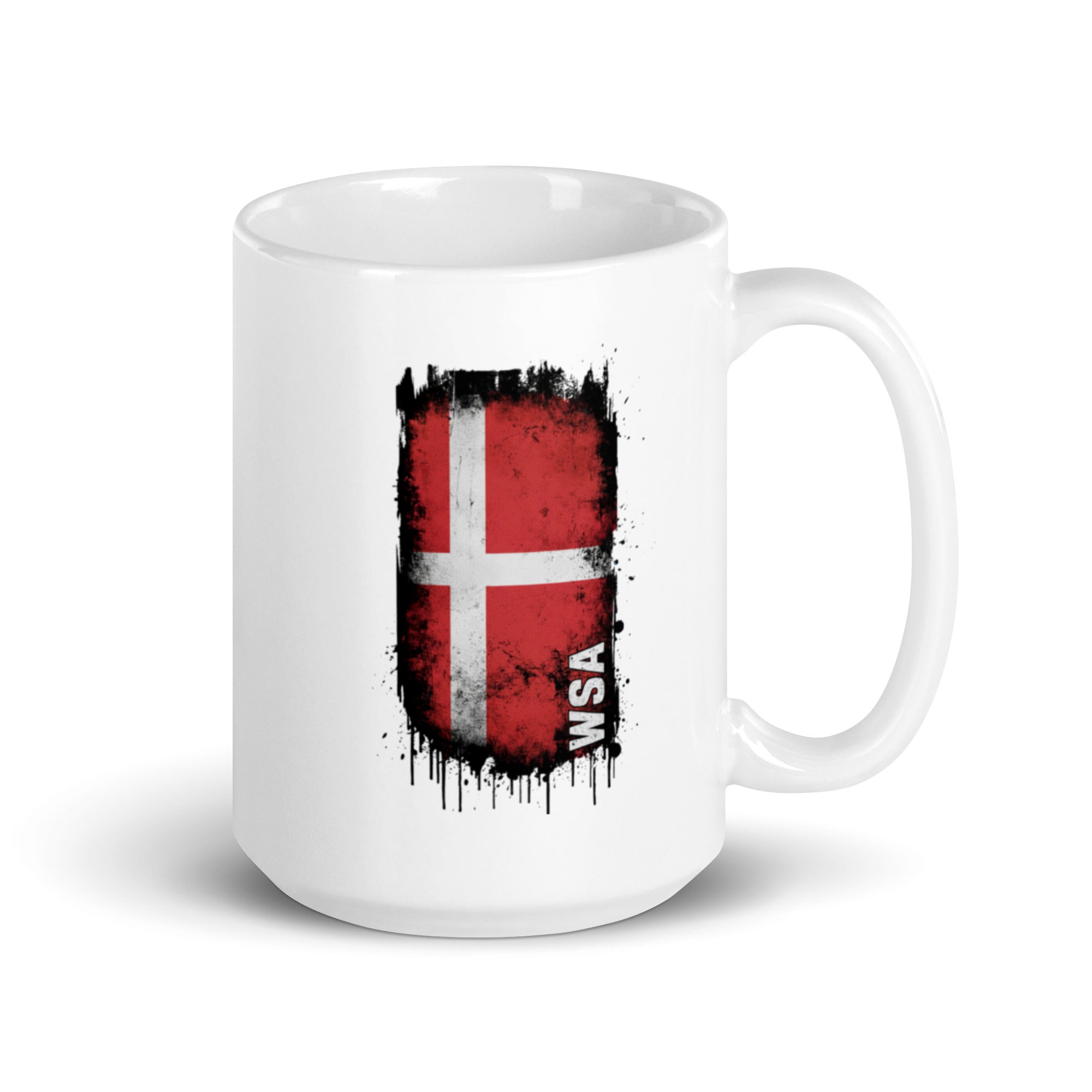 White mug with a red and black flag design on a white background