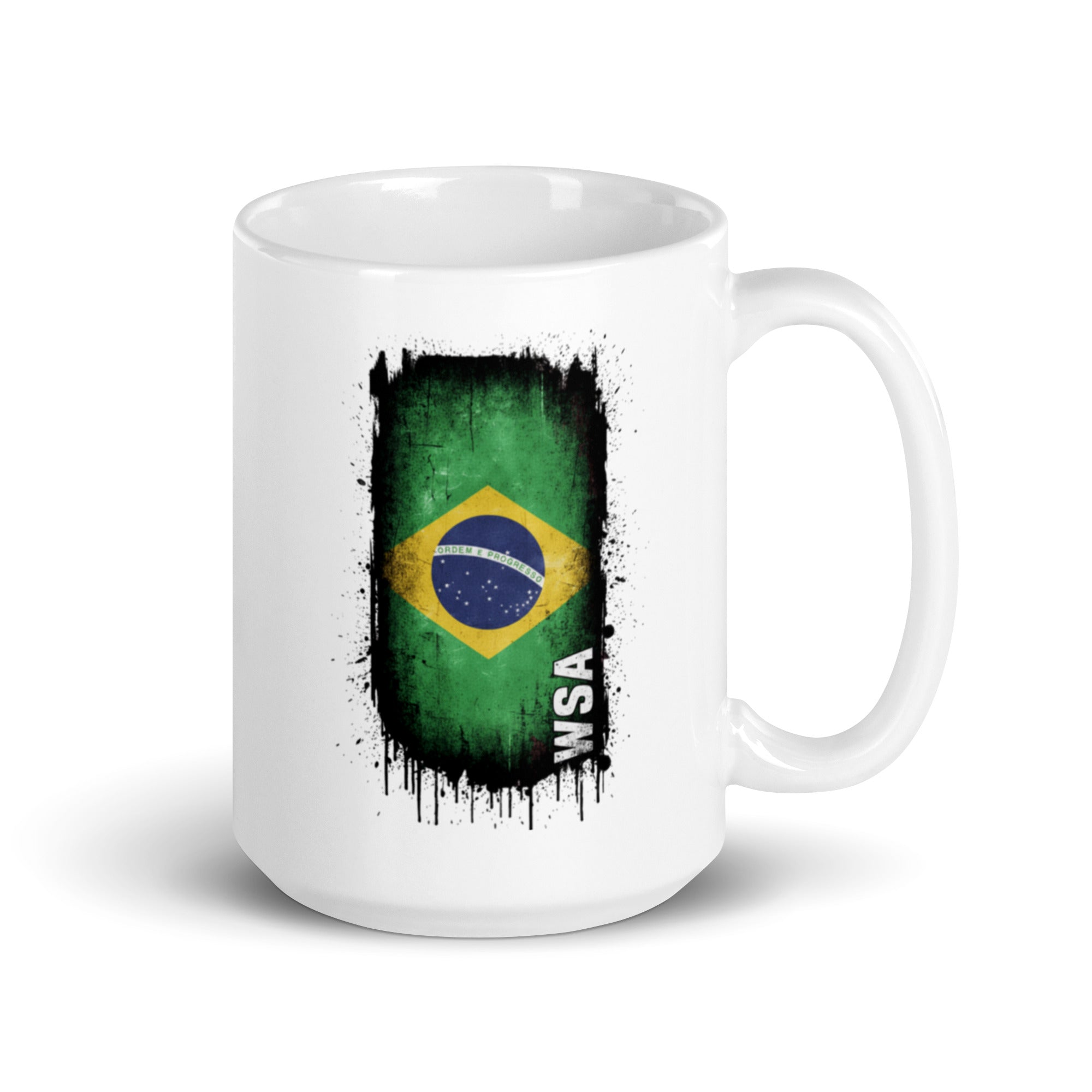 White mug with Brazilian flag design and 'WSA' text on a white background