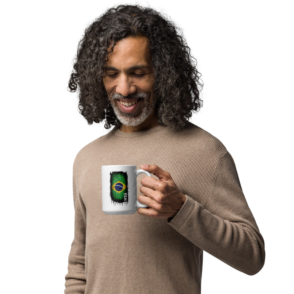 Man holding a mug with a design on a white background