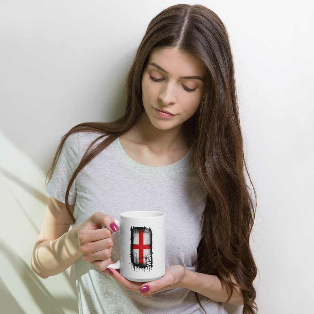 Woman holding a mug with a design on a white background
