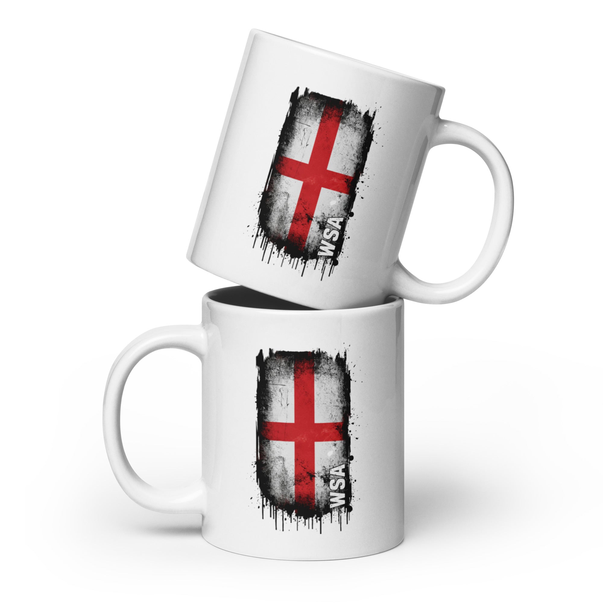 Two white mugs with a black and red flag design on a white background