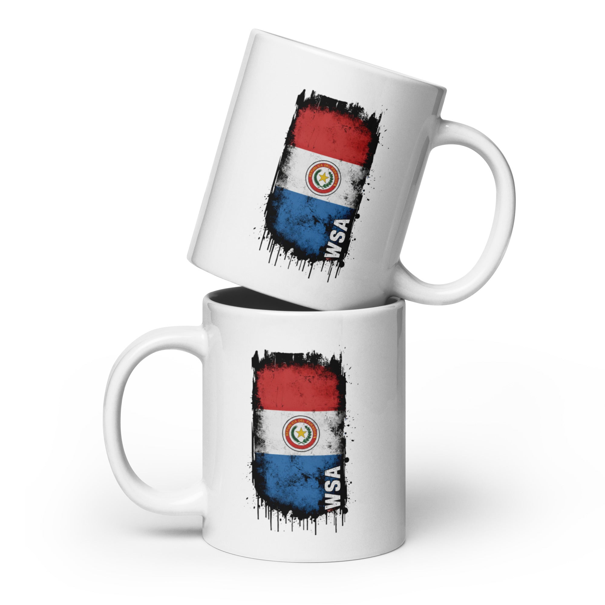 Two white mugs with a flag design on a white background