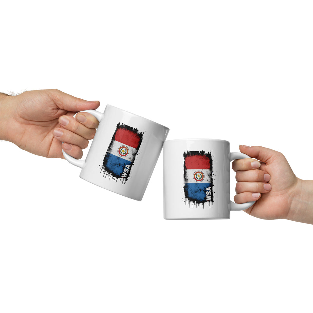 Two hands holding mugs with Paraguayan flag design on a white background