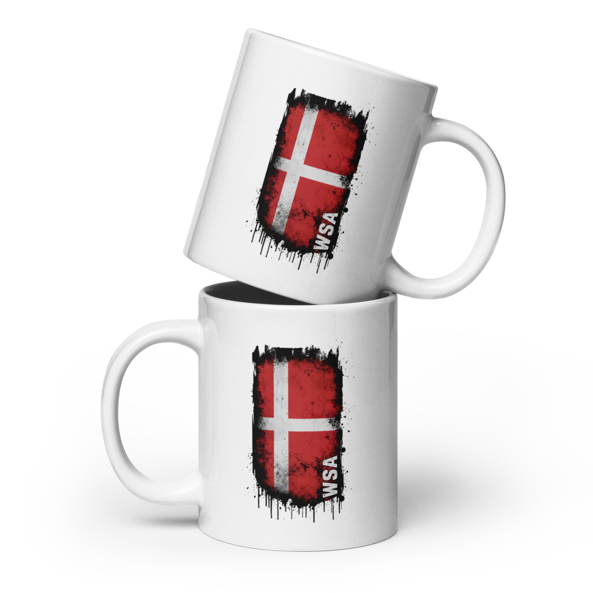 Two white mugs with a Danish flag design and 'WSA' text on a white background
