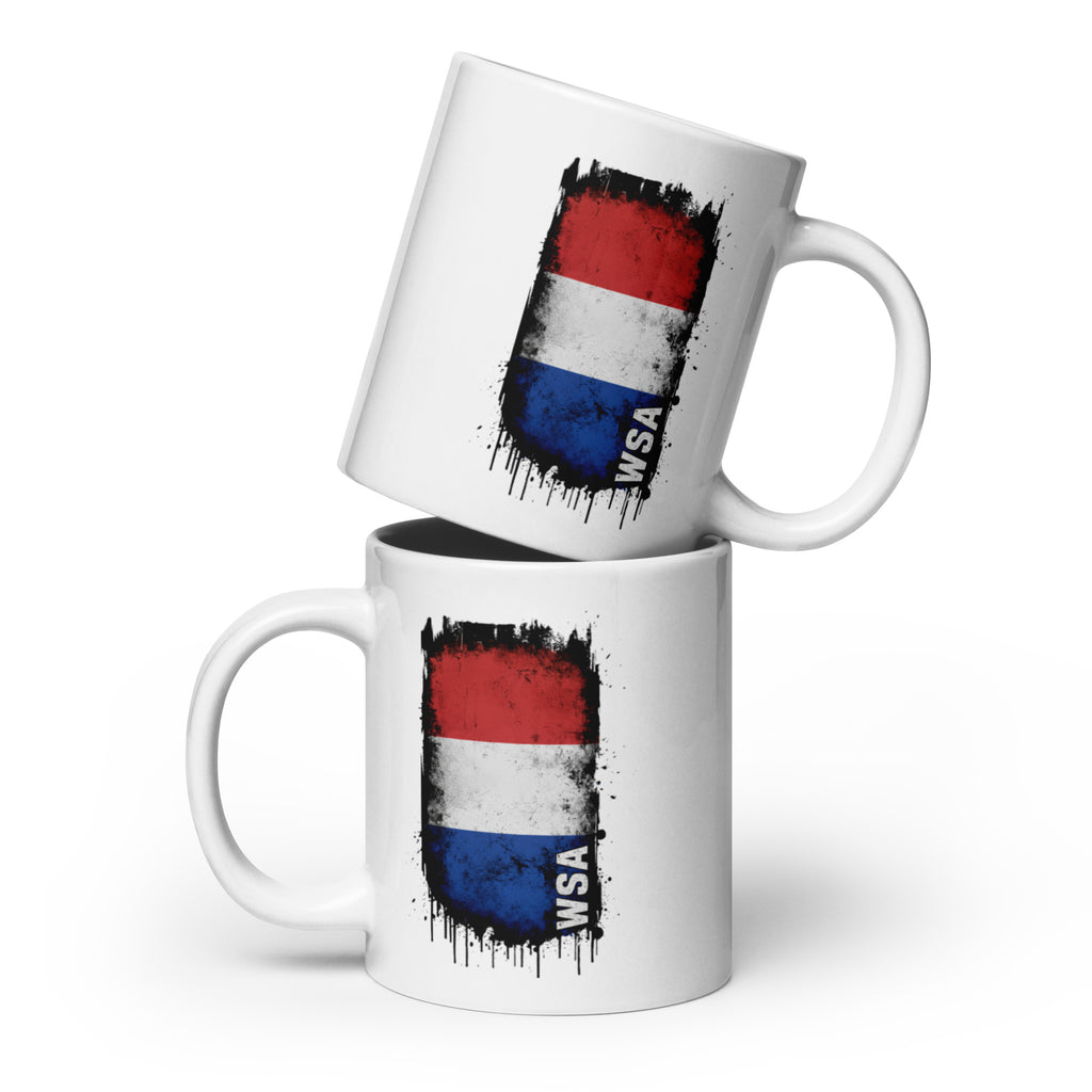 Two white mugs with a flag design and 'WSA' text on a white background