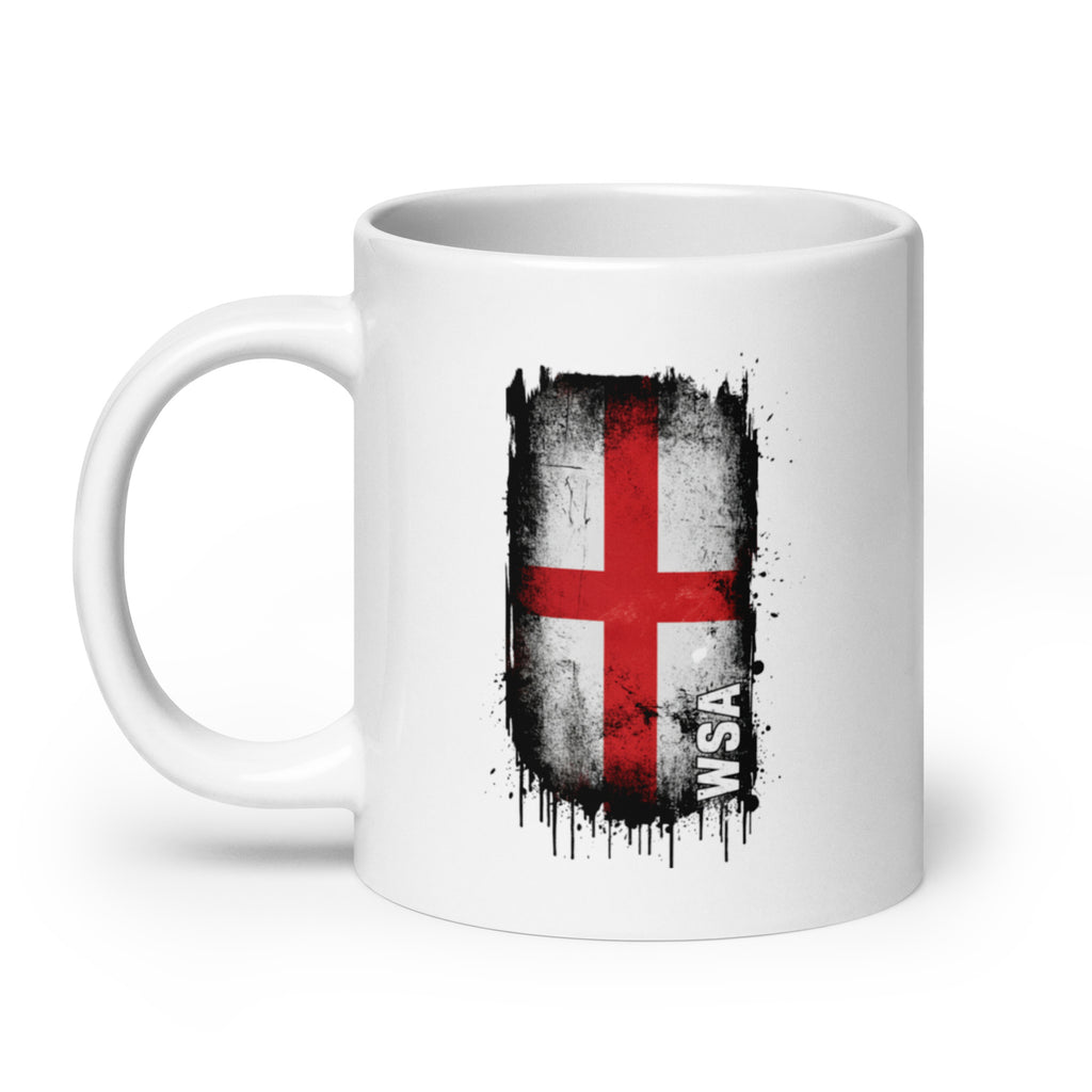 White mug with a red cross design on a white background