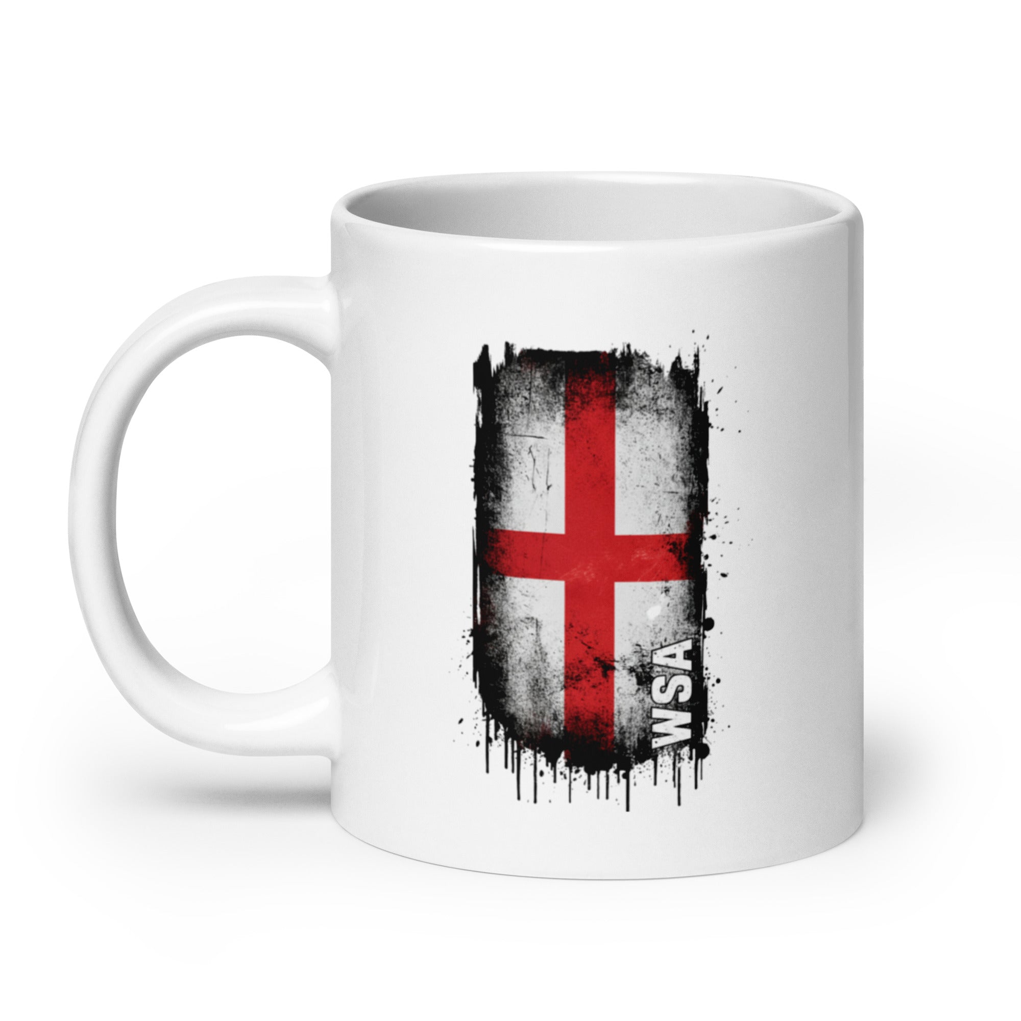 White mug with a red cross design on a white background