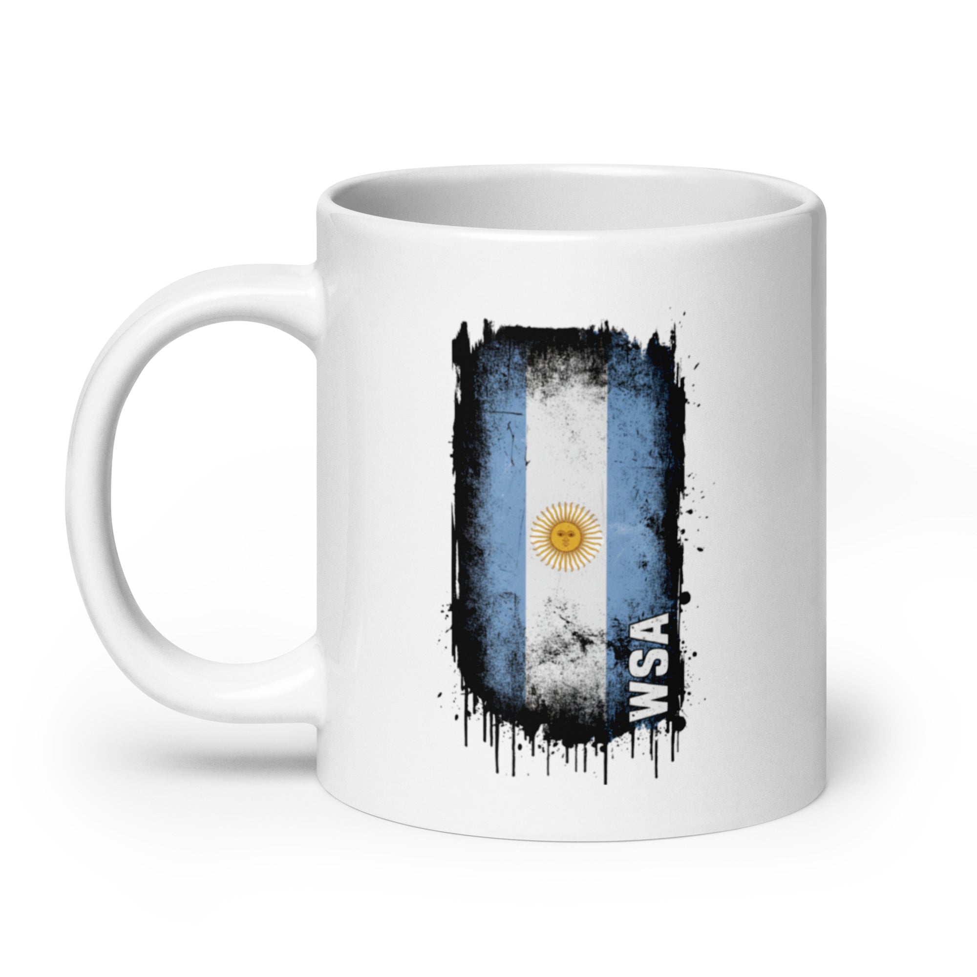 White mug with Argentina flag design on a white background