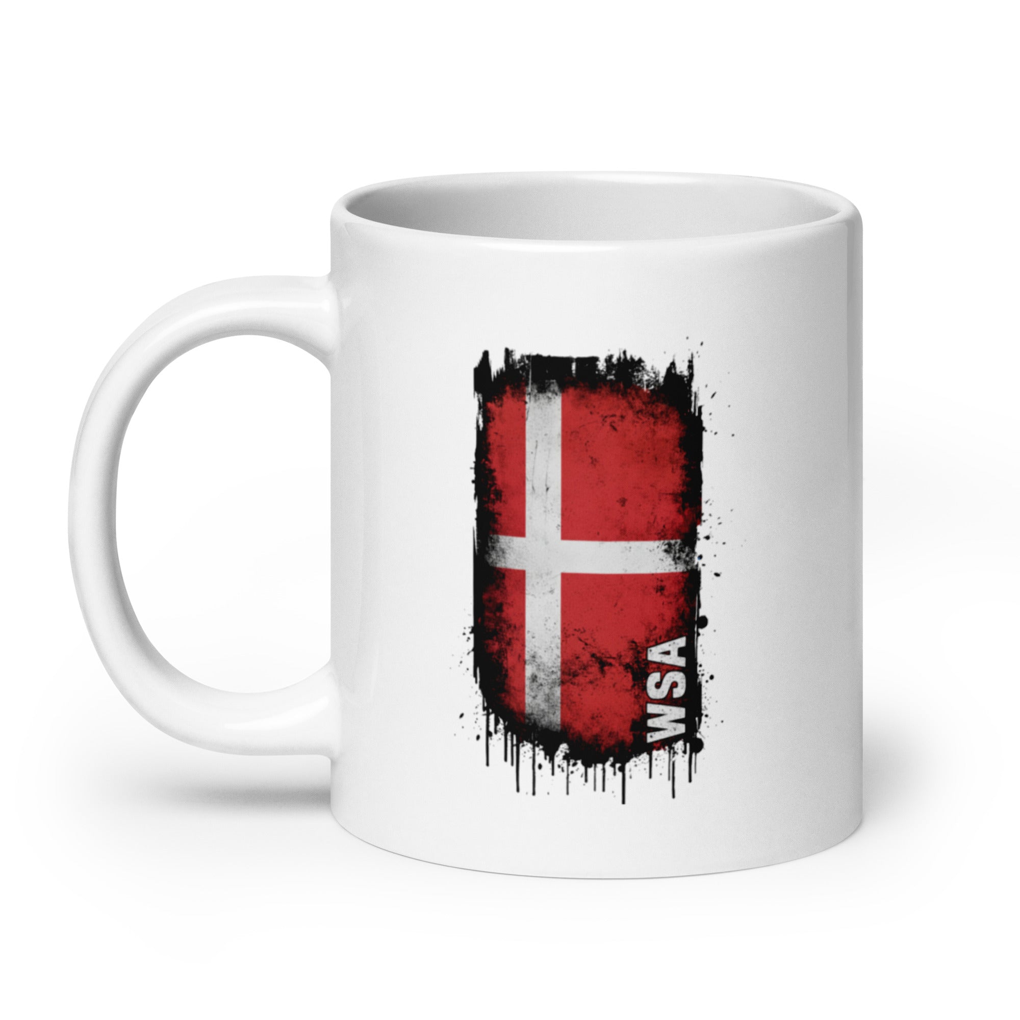 White mug with a Danish flag design and 'WSA' text on a white background