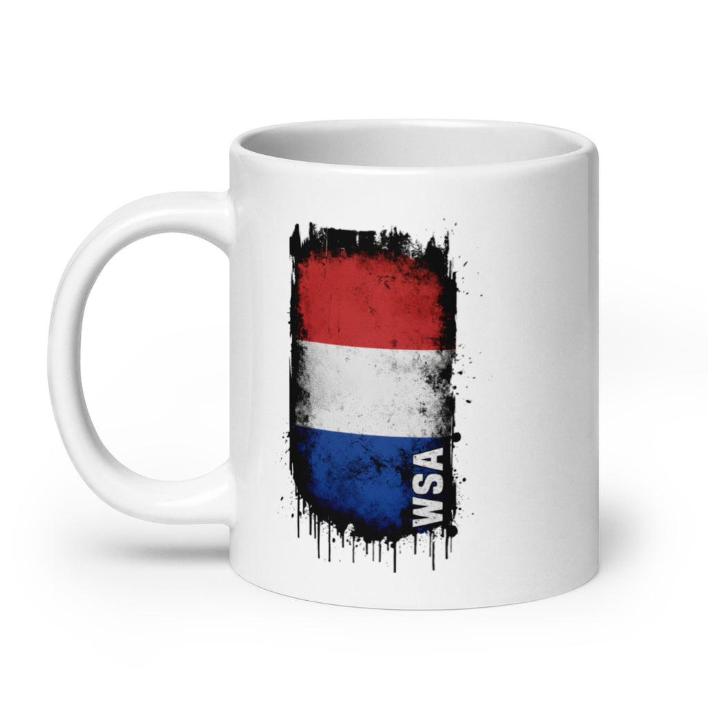 White mug with a red, white, and blue design and 'WSA' text on a white background
