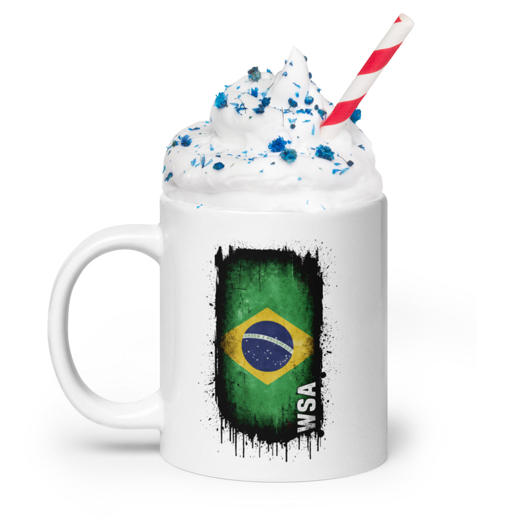 Mug with Brazilian flag design and whipped cream on a white background
