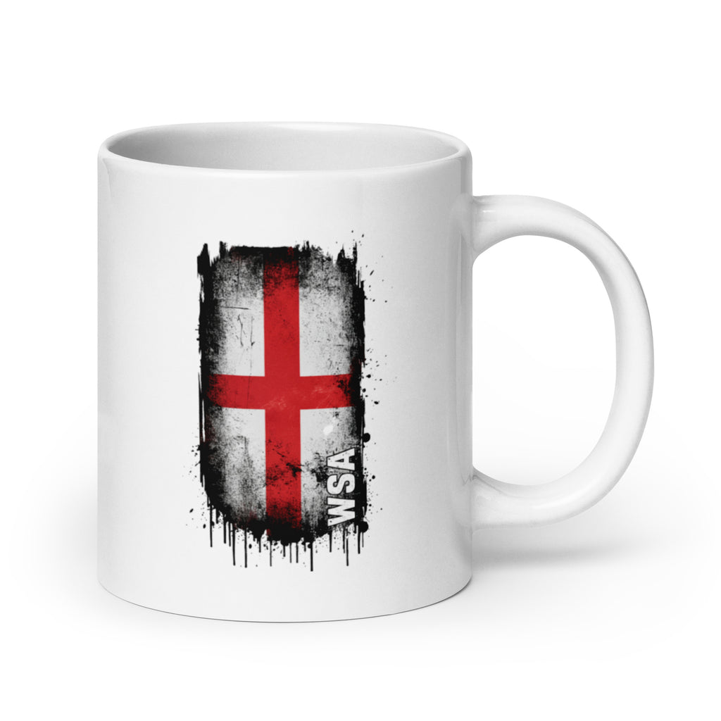 White mug with a black and red flag design on a white background