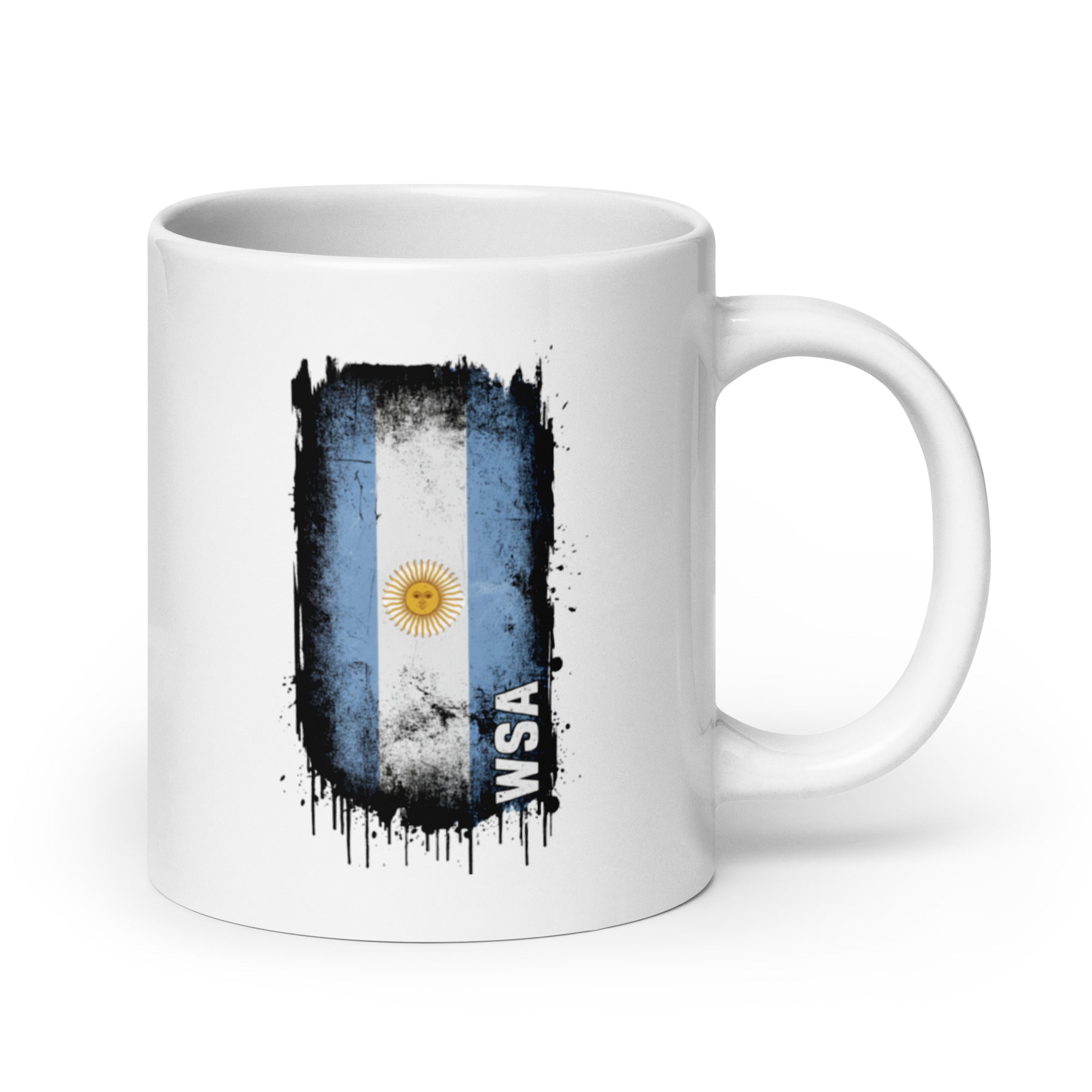 White mug with a design of an argentine flag and 'WSA' text on a white background