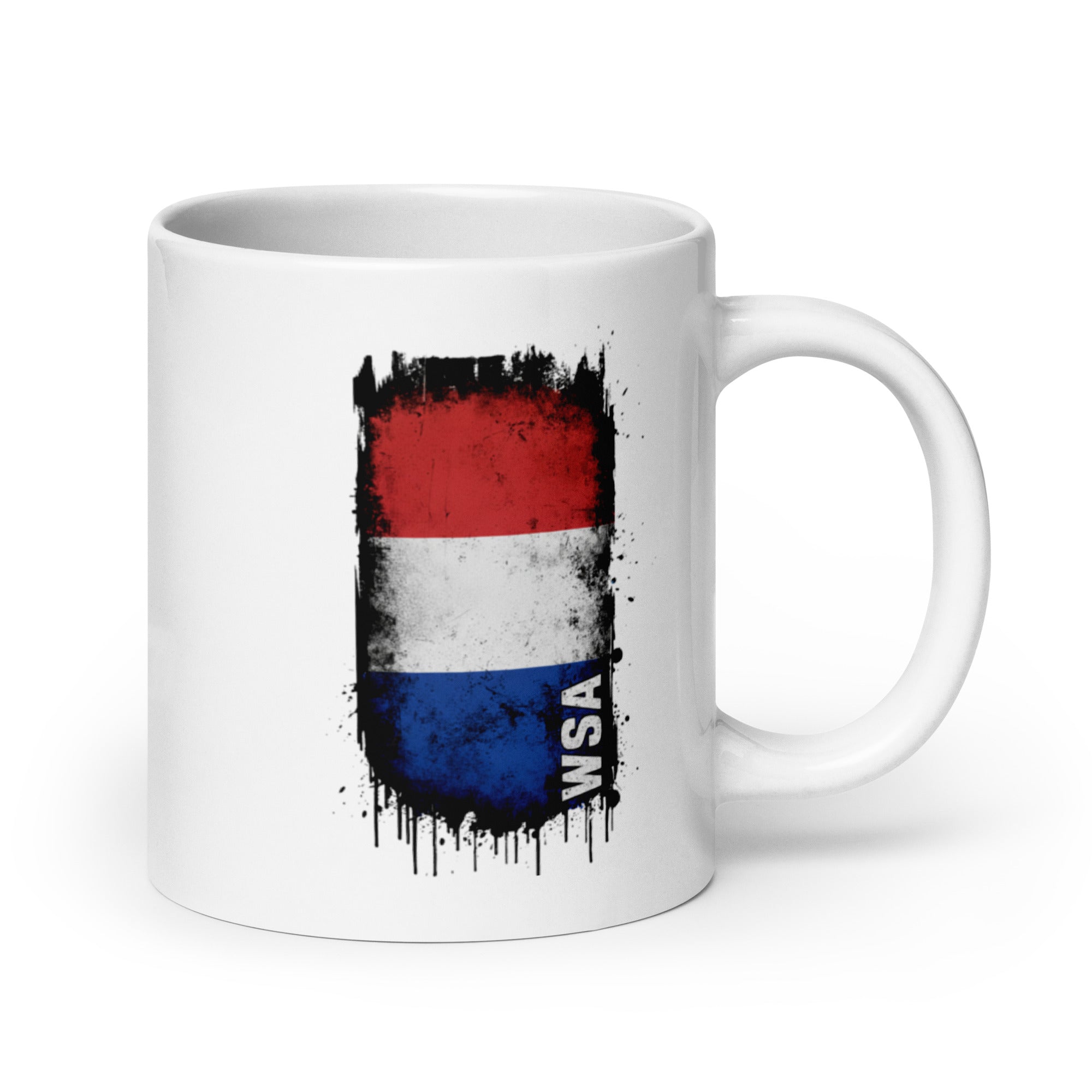 White mug with a flag design featuring red, blue, and black colors on a white background