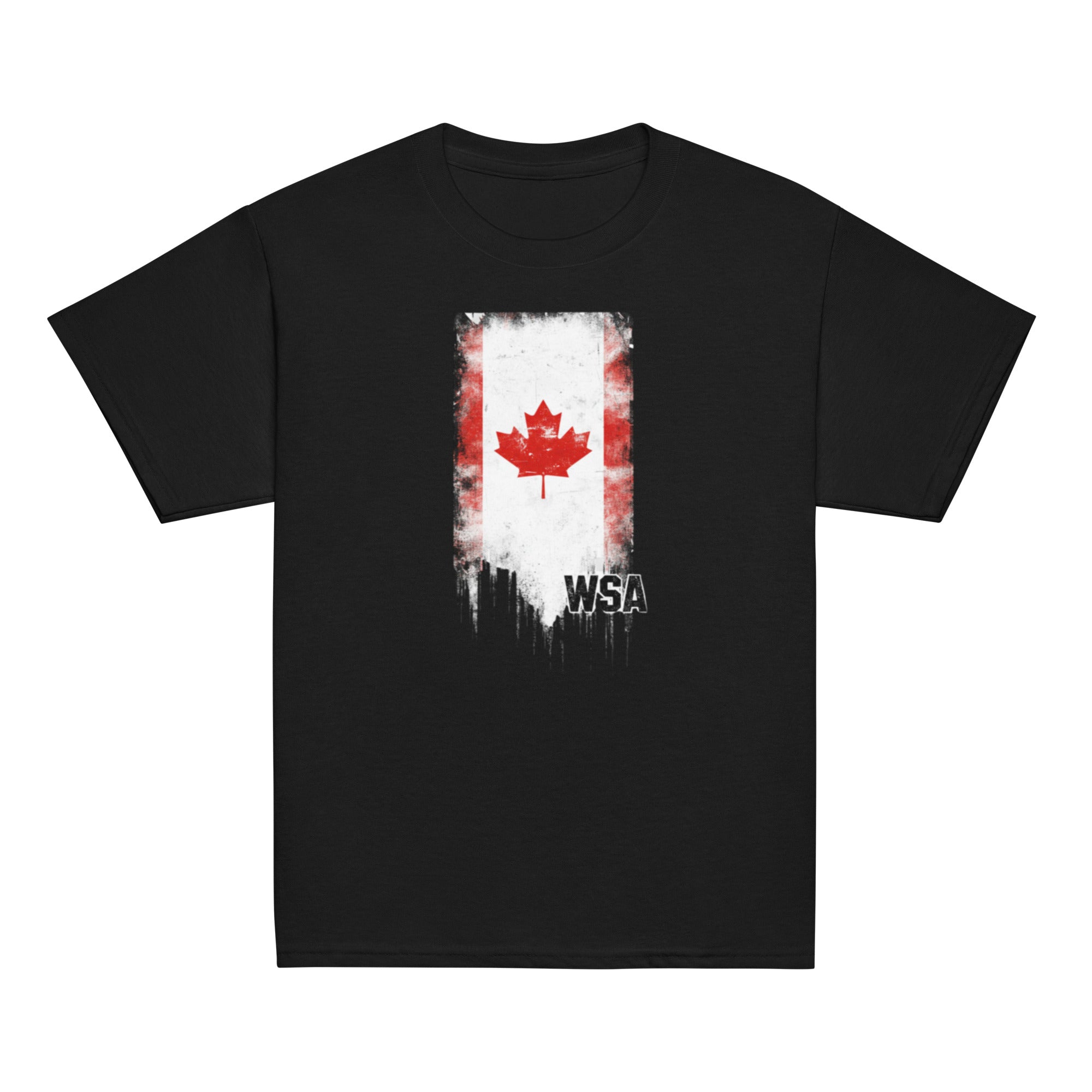 Black t-shirt with a Canadian flag graphic and 'WSA' text on a white background