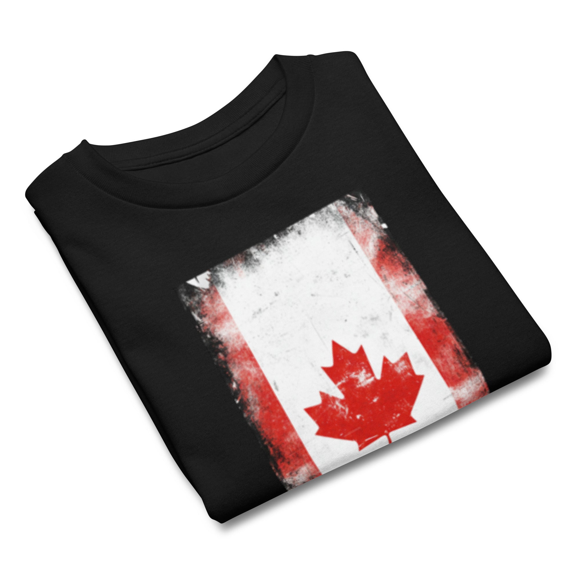 Black t-shirt with a Canadian flag design on a white background