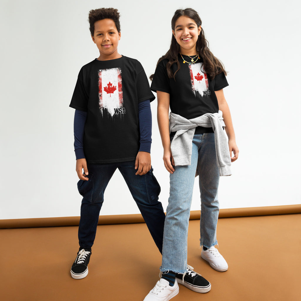 Two children wearing black t-shirts with a red maple leaf design on a white background.