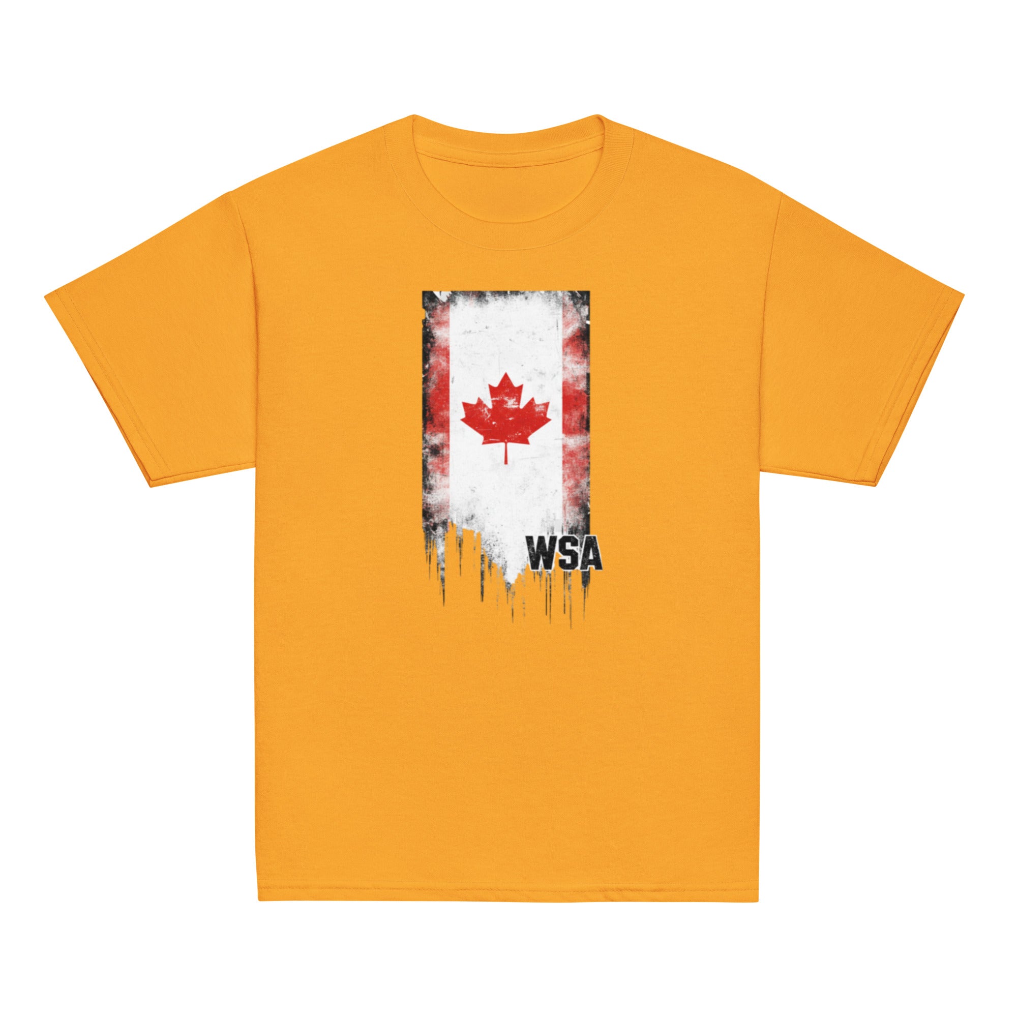 Yellow t-shirt with a graphic design featuring a red maple leaf and 'WSA' text on a white background.