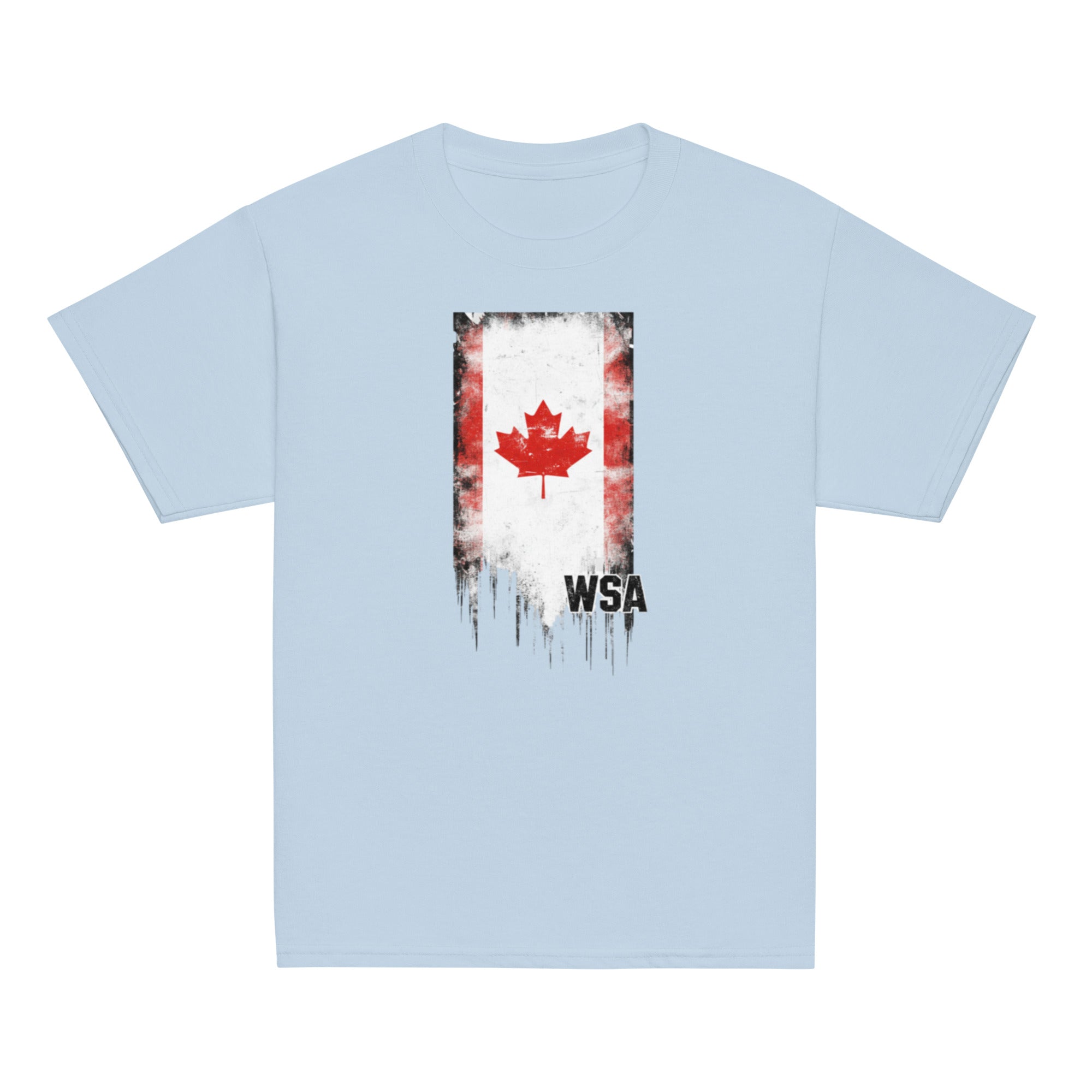 Light blue t-shirt with a graphic design on the back featuring a maple leaf and 'WSA' text.
