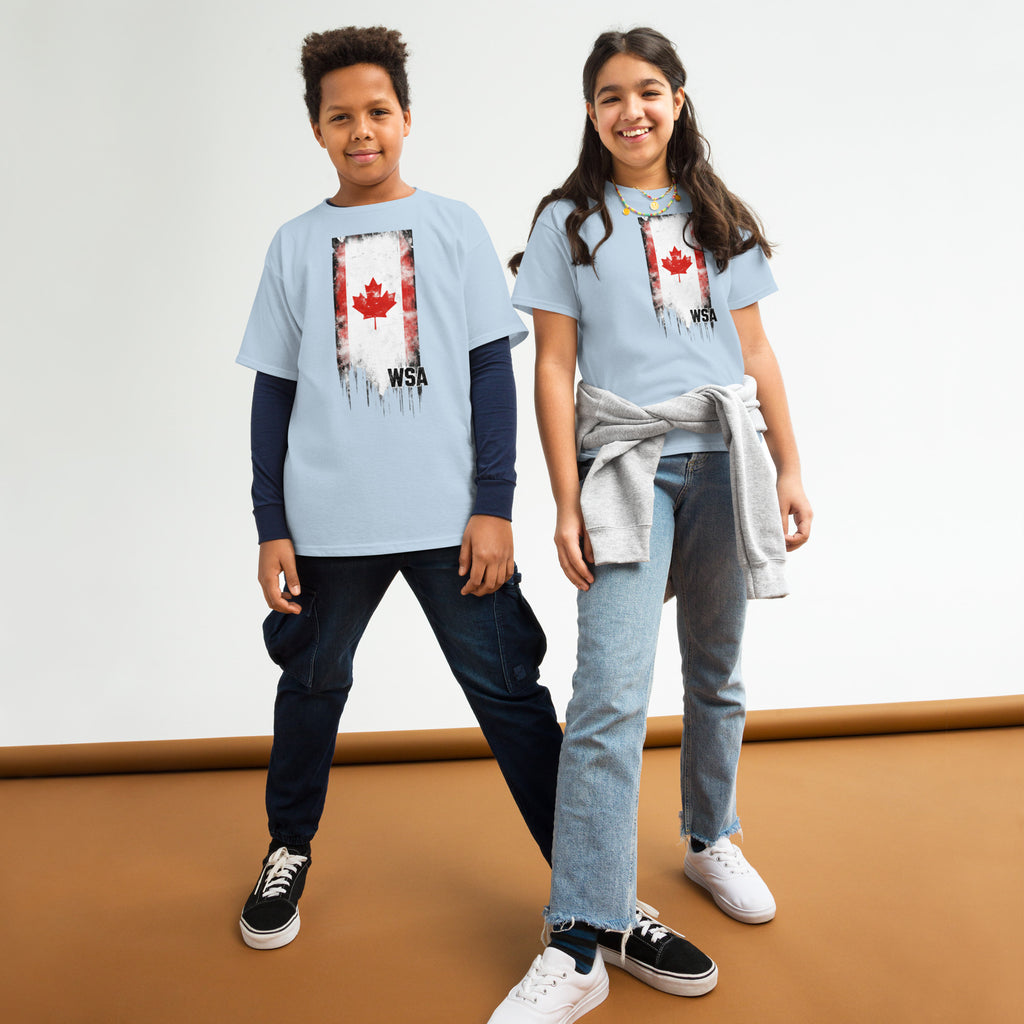 Two children wearing 'Happy Easter' t-shirts with cartoon designs on a plain background.
