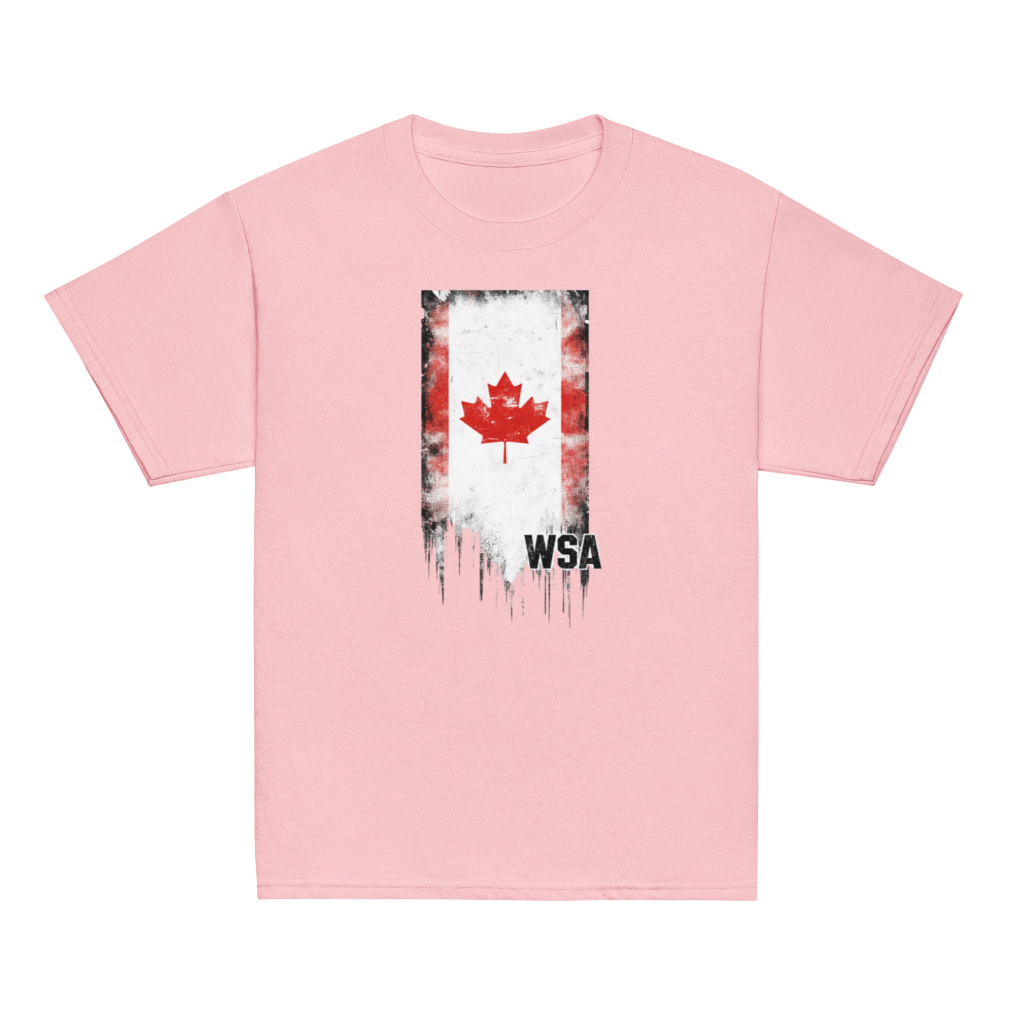 Pink t-shirt with a graphic design featuring a red maple leaf and 'WSA' text on a white background.