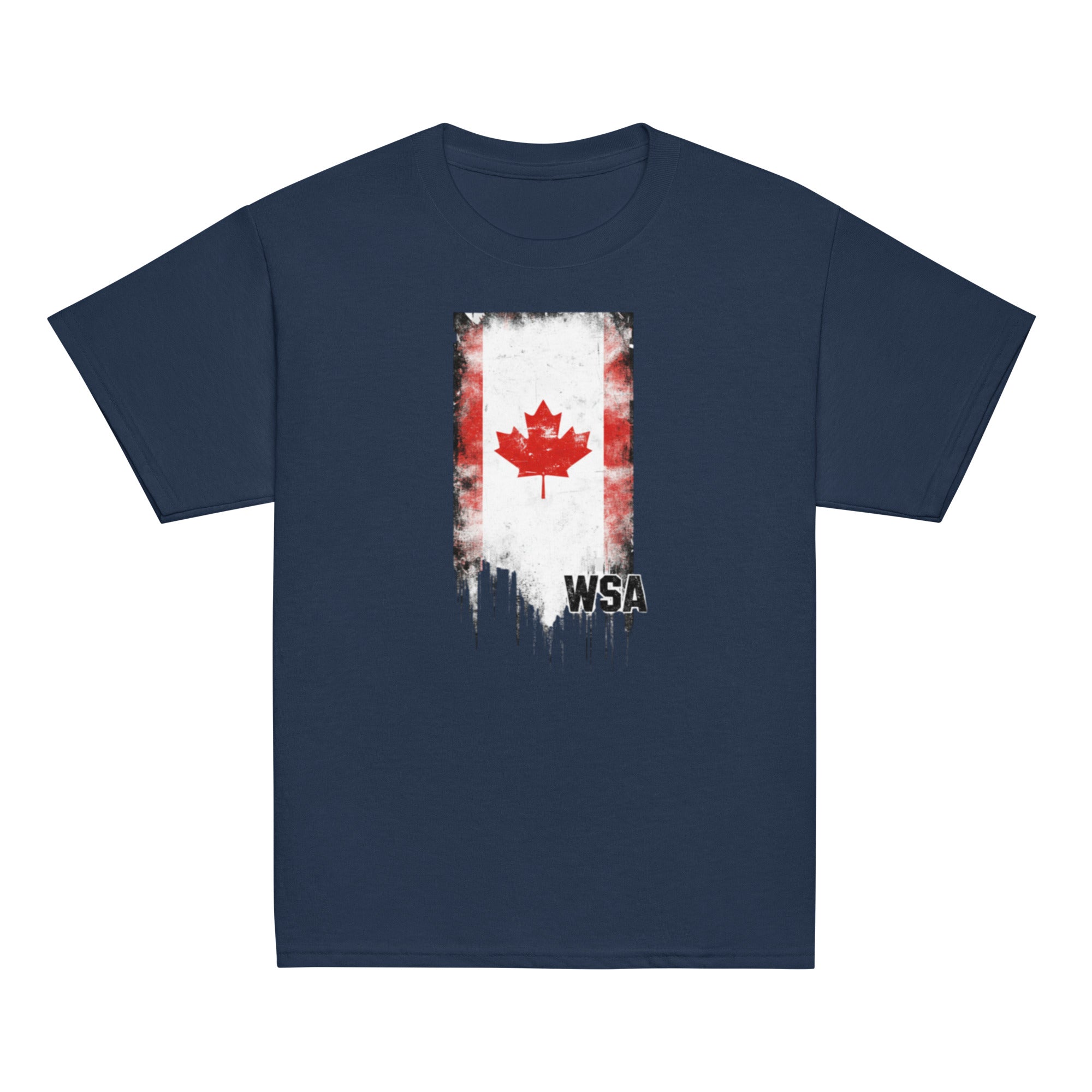 Navy blue t-shirt with a graphic design featuring a red maple leaf and 'WSA' text on a white background.