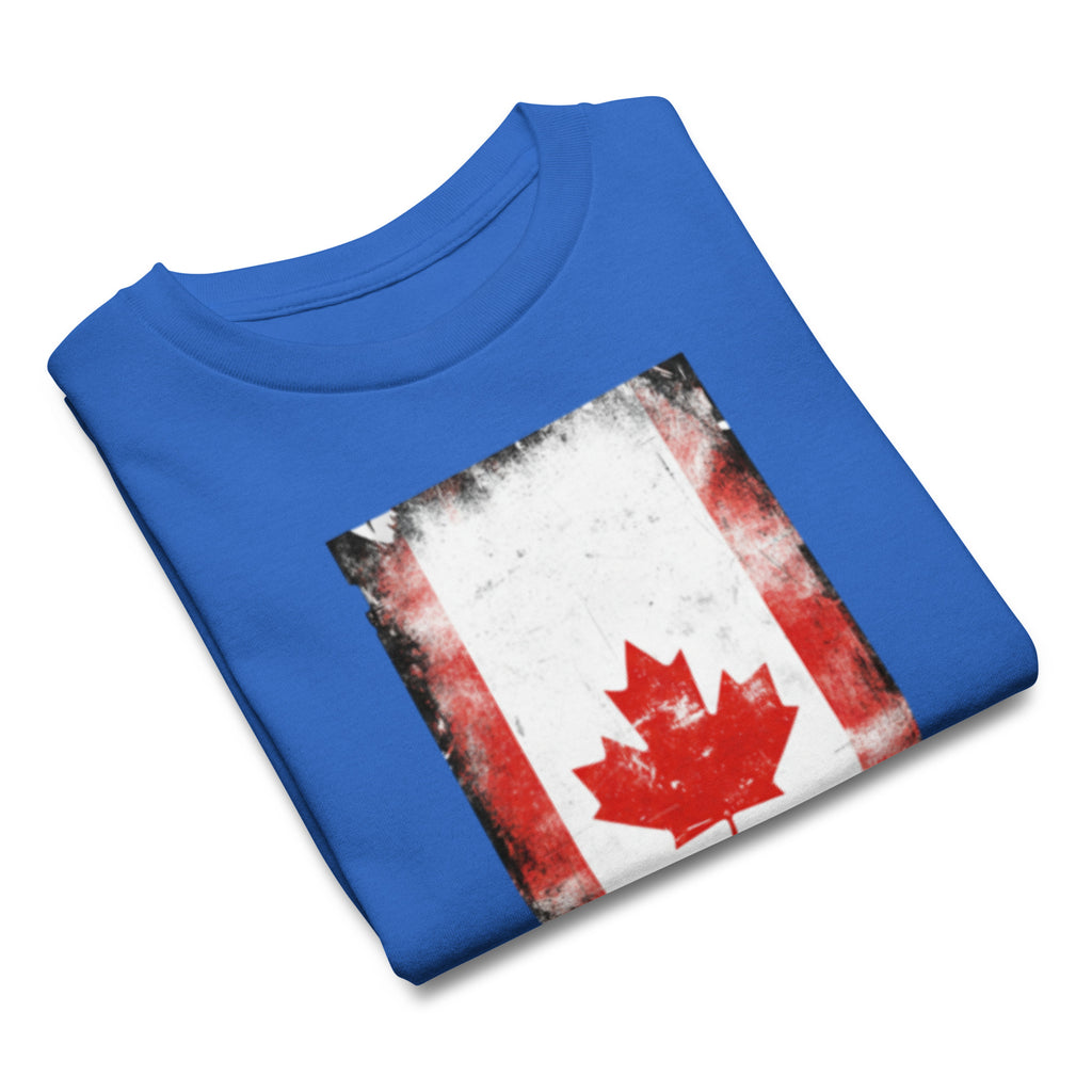 Folded blue t-shirt with a red maple leaf design on a white background