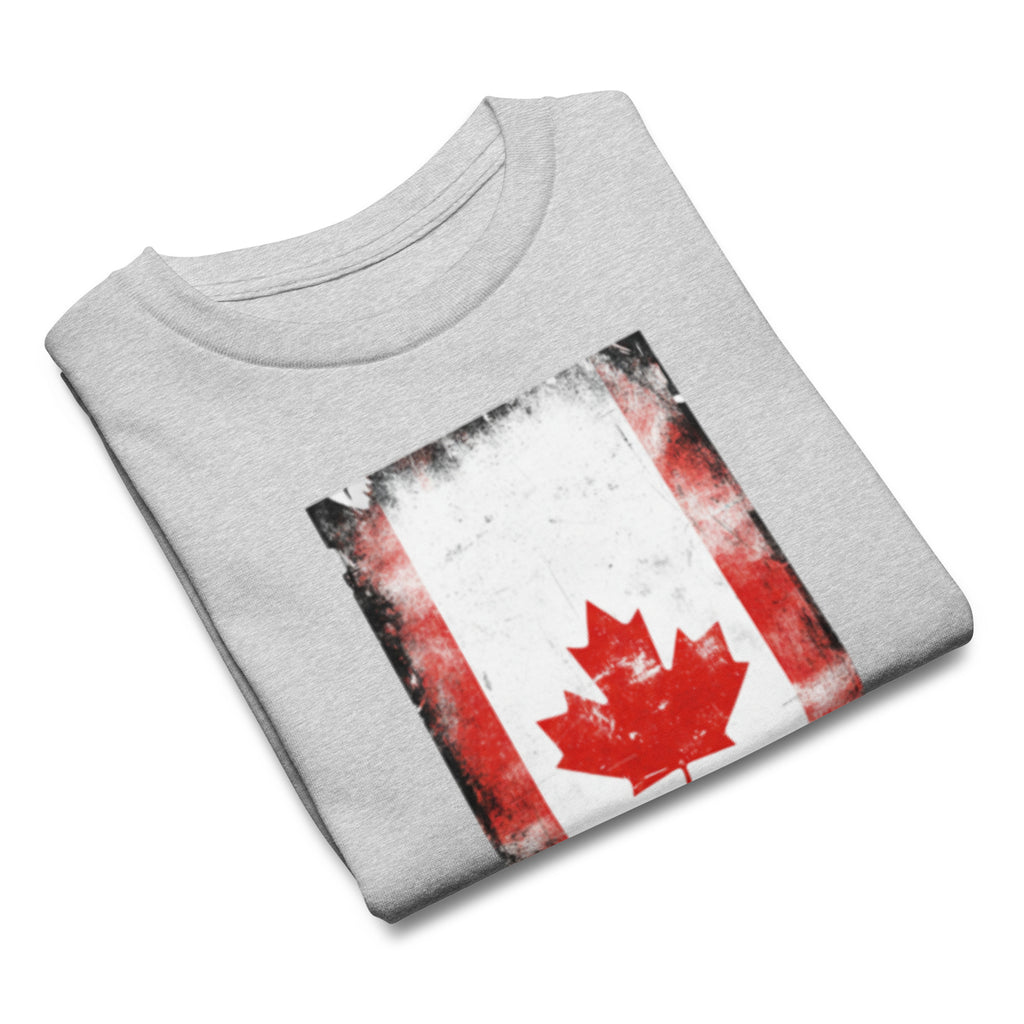 Folded gray t-shirt with a Canadian flag design on a white background