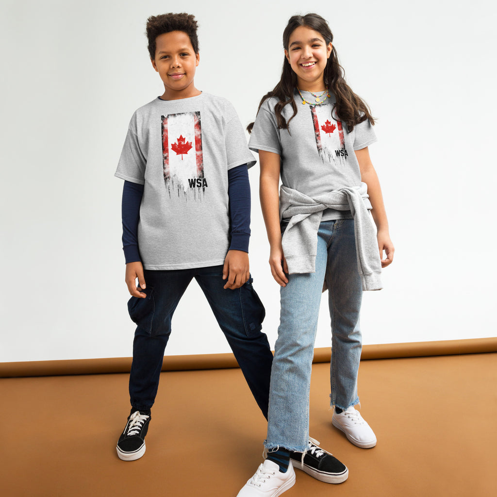 Two children wearing gray t-shirts with a Canadian flag design on a white background.