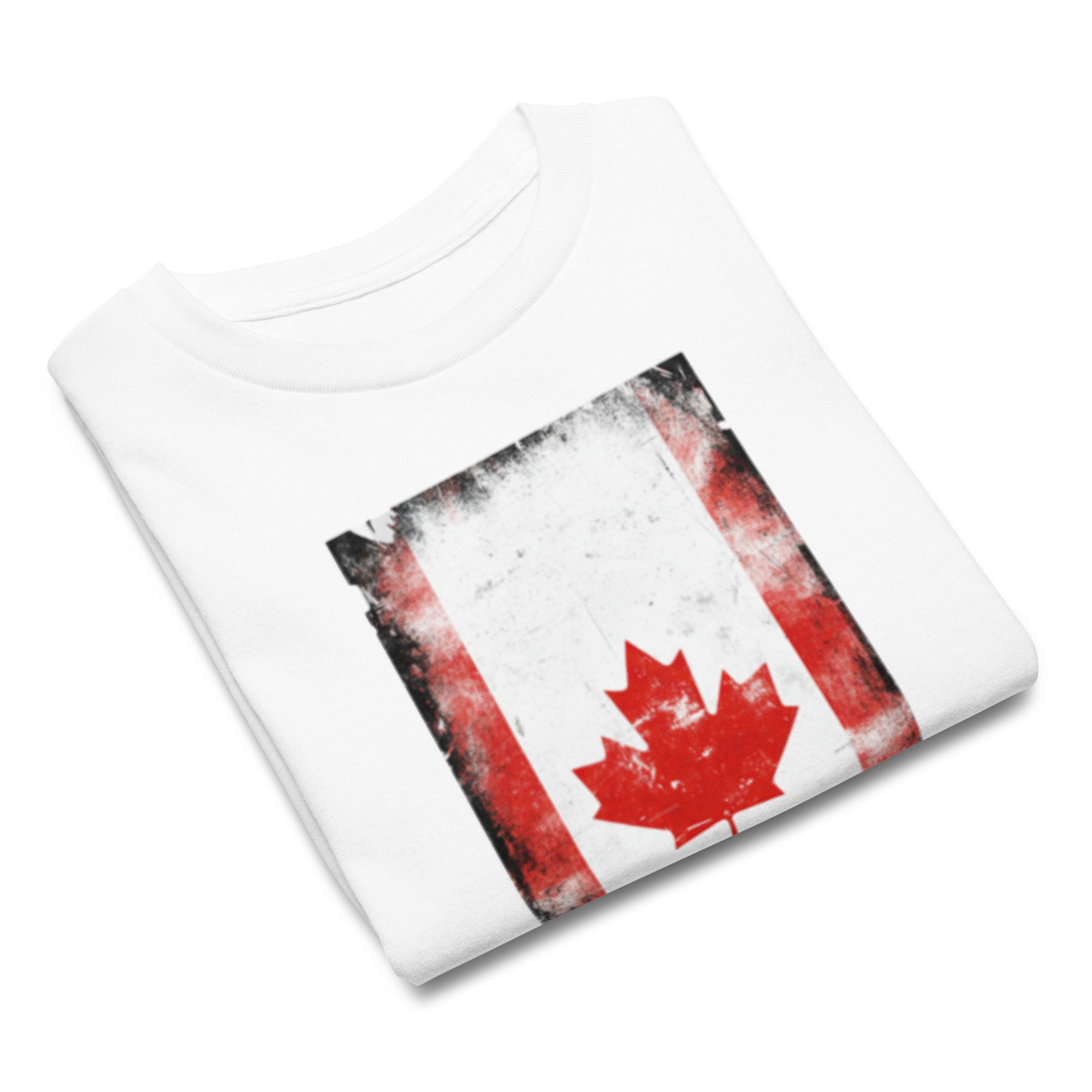 White t-shirt with a red maple leaf design on a white background