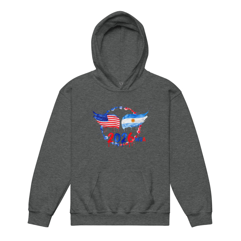 Gray hoodie with American and Argentinian flag design and '2026' text on a white background