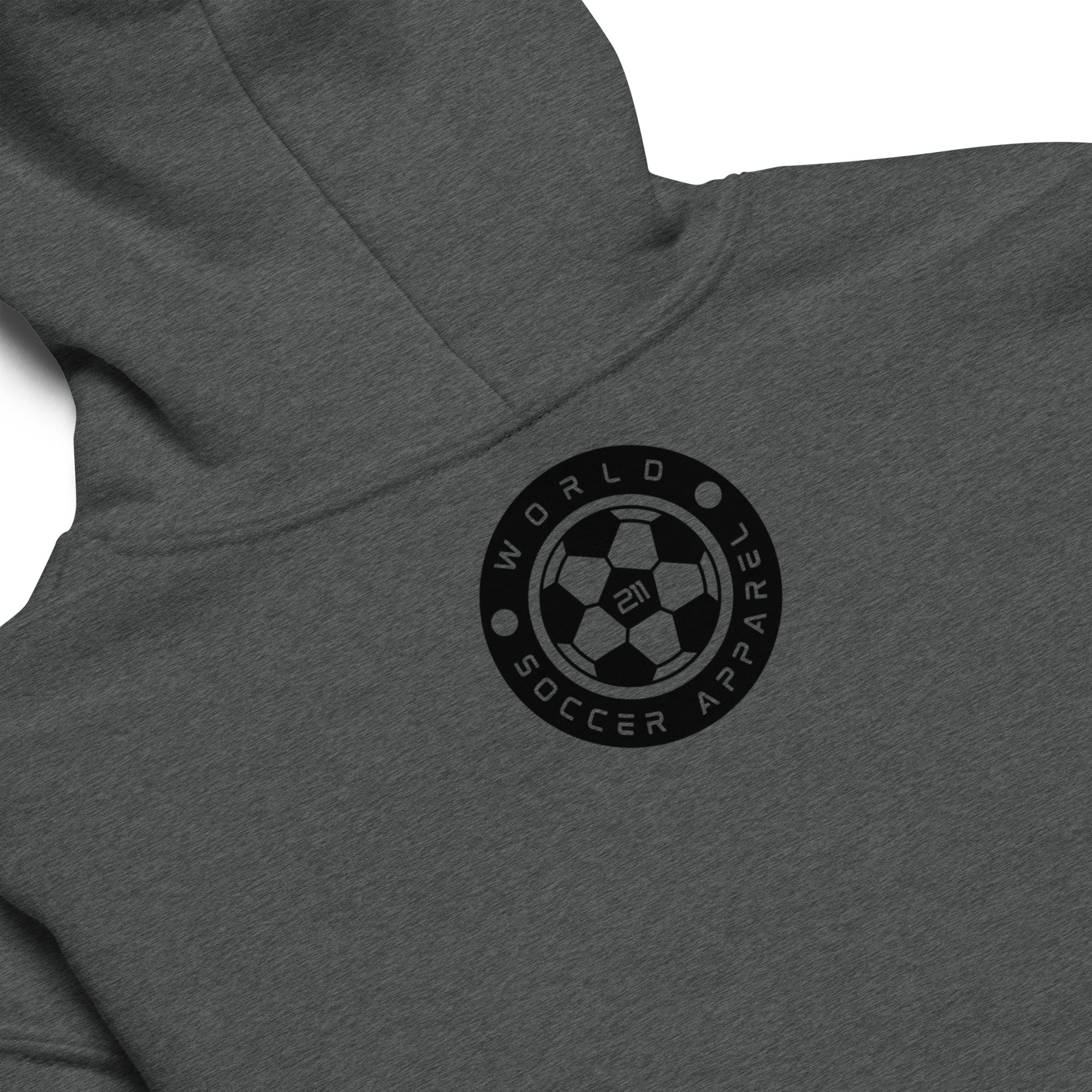 Gray hoodie with World Soccer Apparel logo on a white background