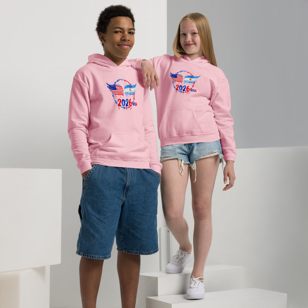 Two children wearing pink hoodies with 2024 text and graphics on a white background