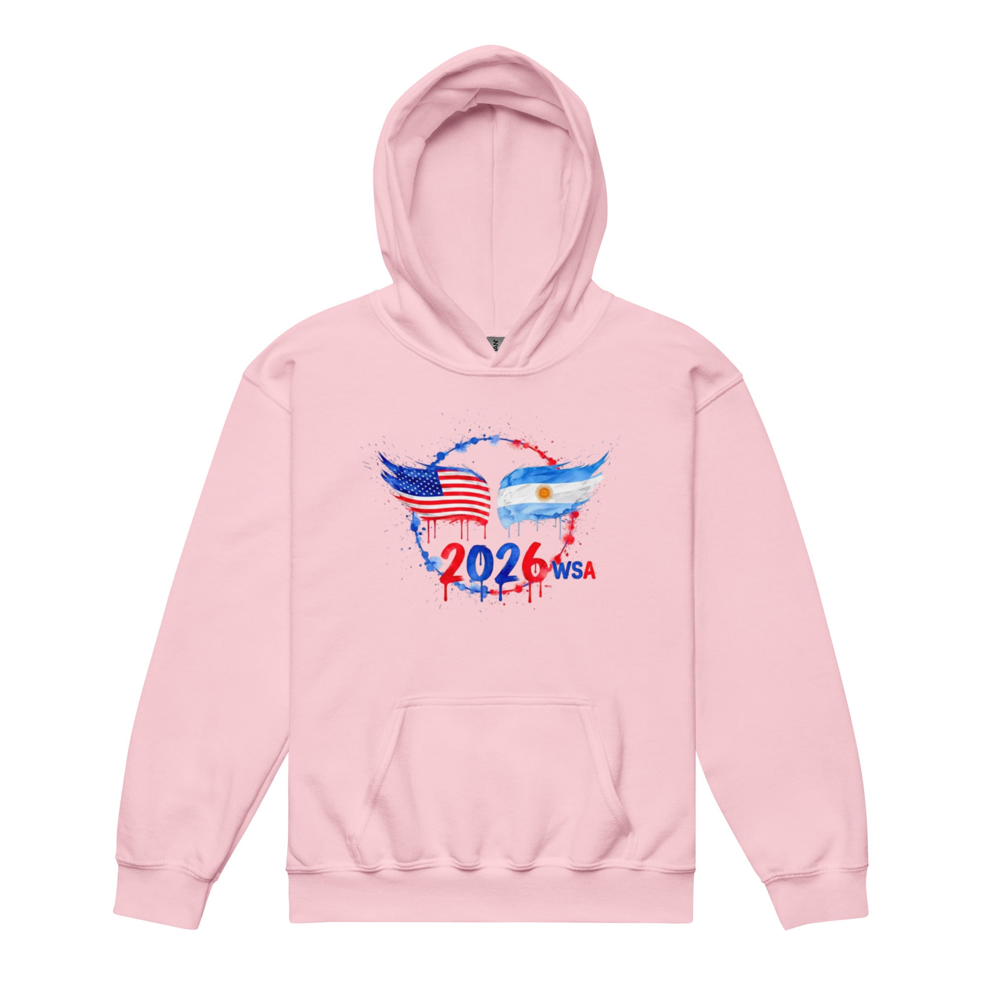 Pink hoodie with 2026 WSA design on a white background
