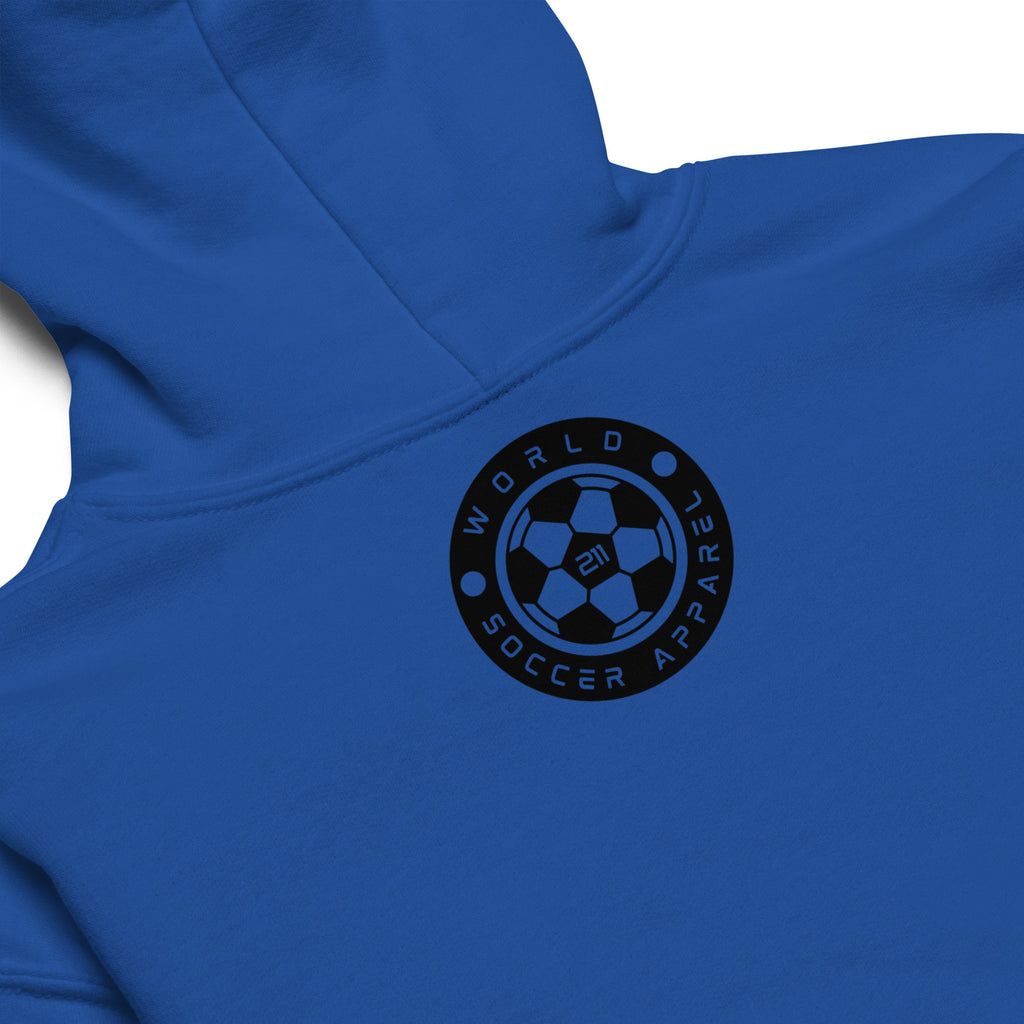 Blue hoodie with a black logo on the chest