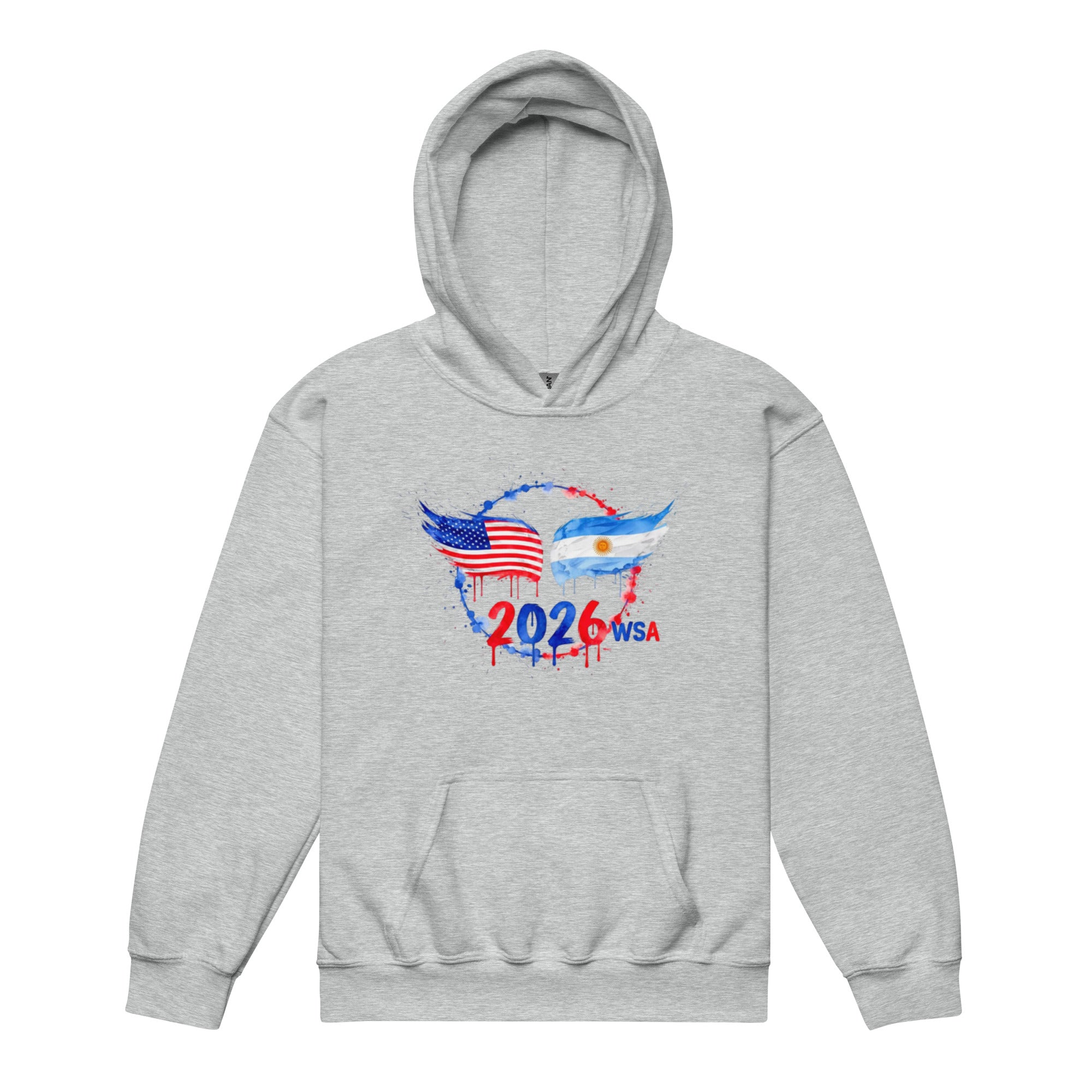 Gray hoodie with 2026 WSA graphic on a white background