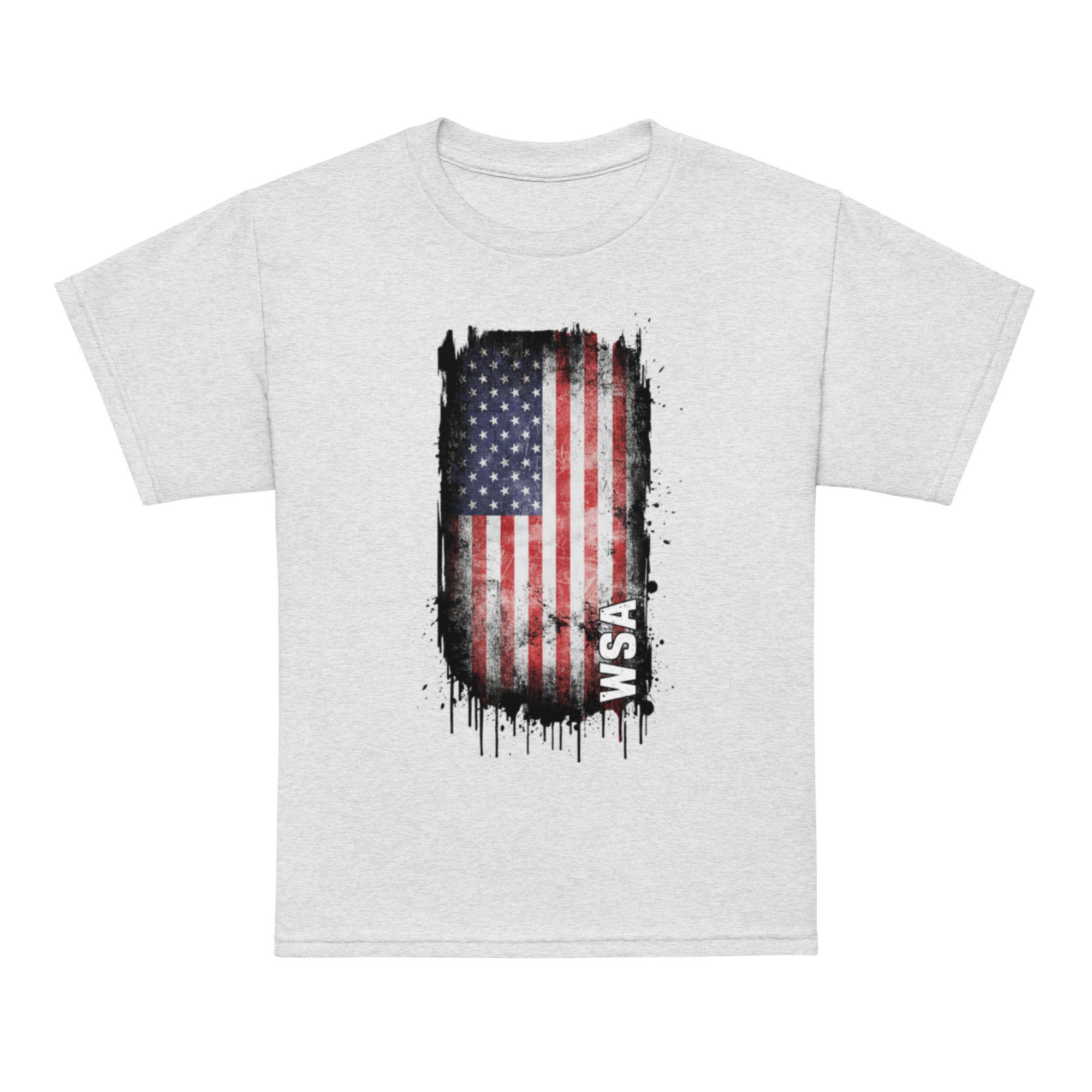 Gray t-shirt with American flag graphic and 'WSA' text on a white background
