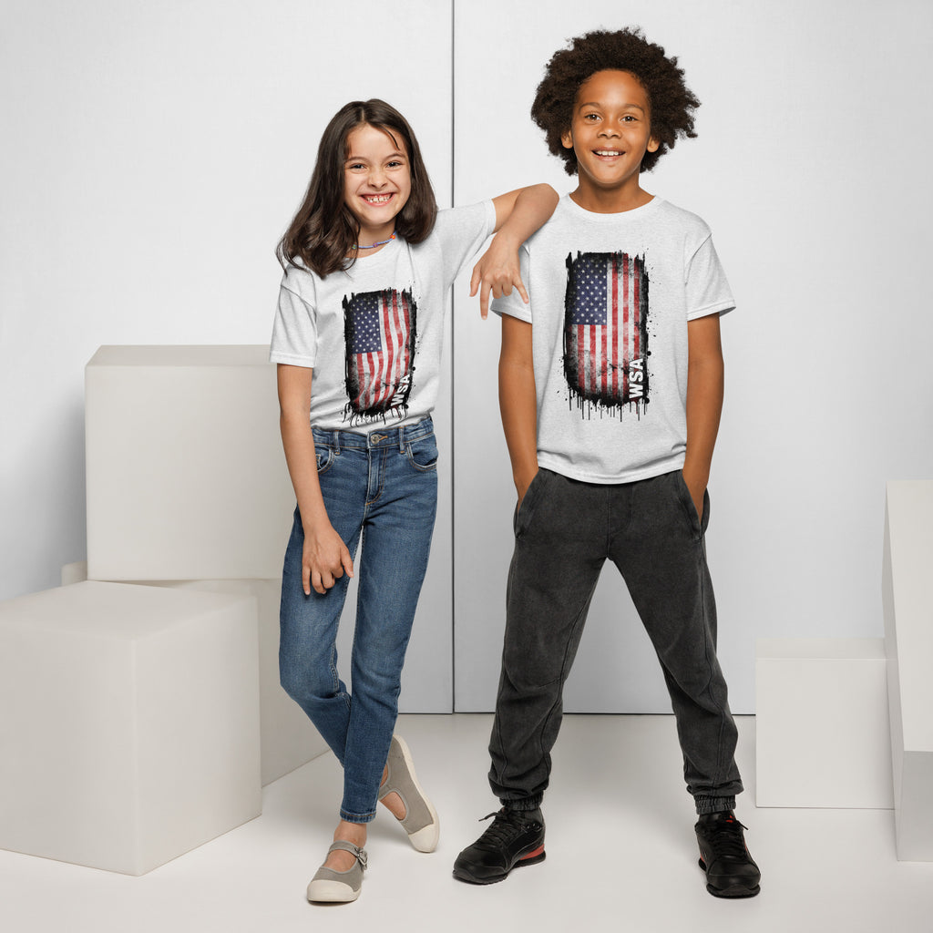 Two children wearing t-shirts with an American flag design on a white background