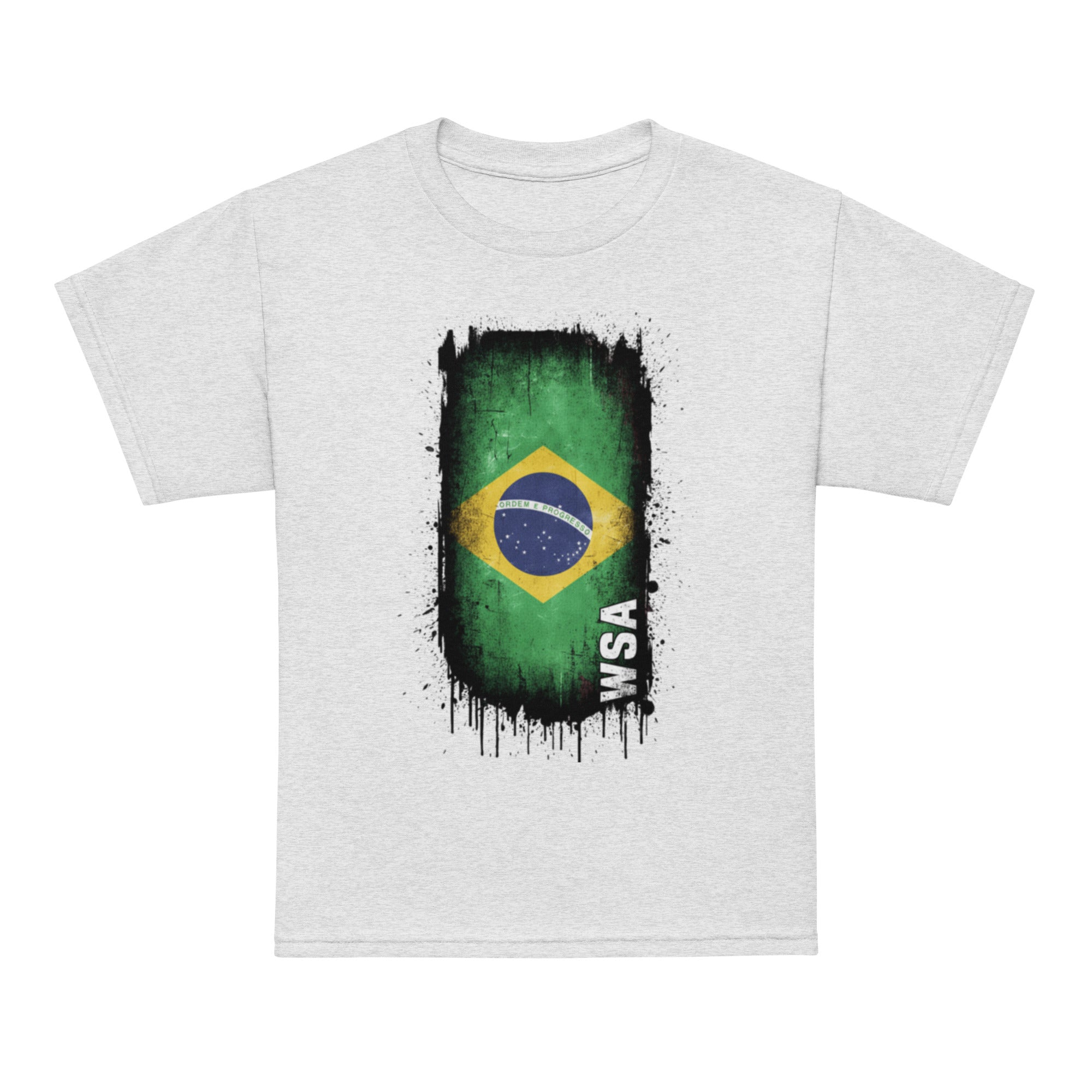 White t-shirt with Brazilian flag design and 'WSA' text on a white background