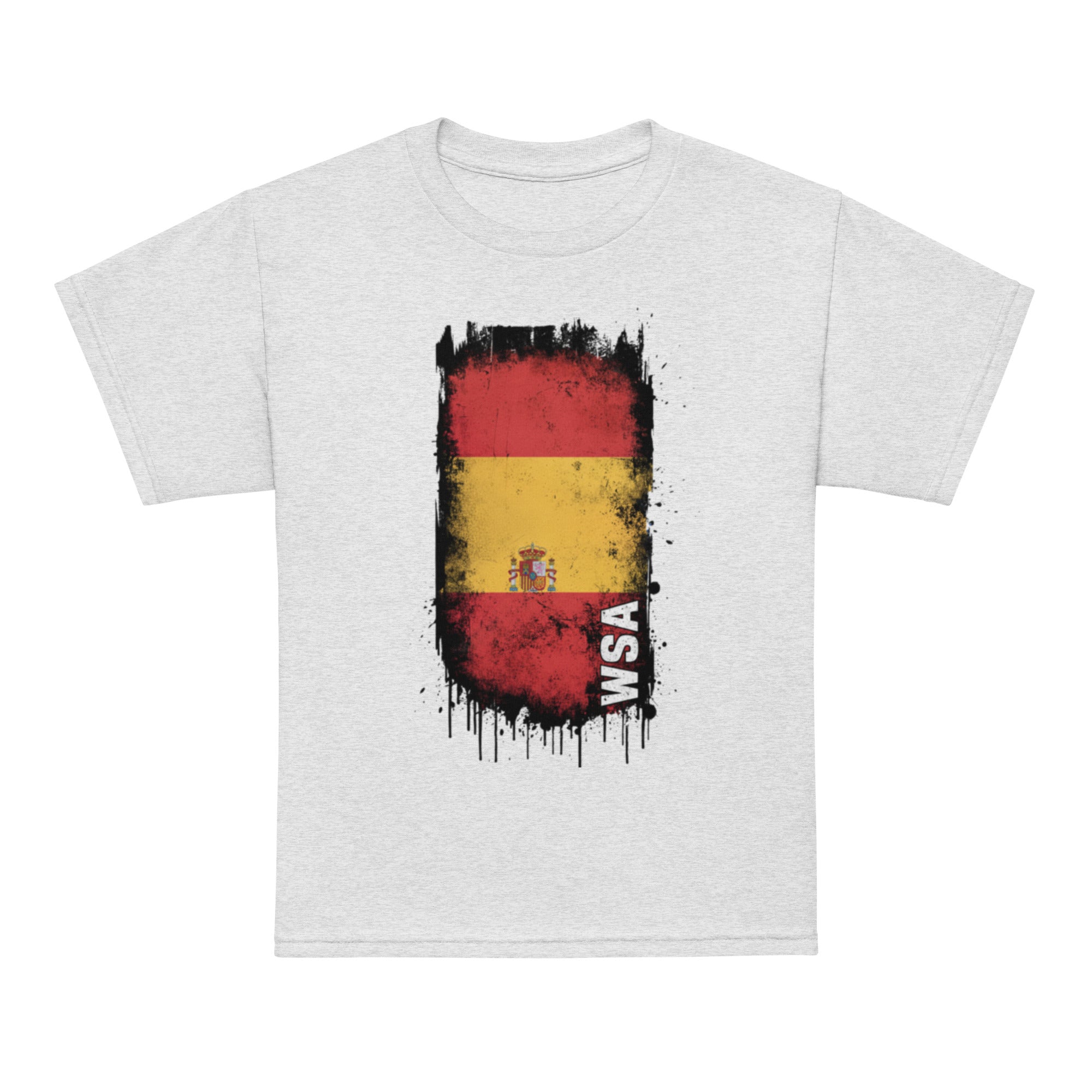 White t-shirt with a colorful flag design and 'WSA' text on a white background