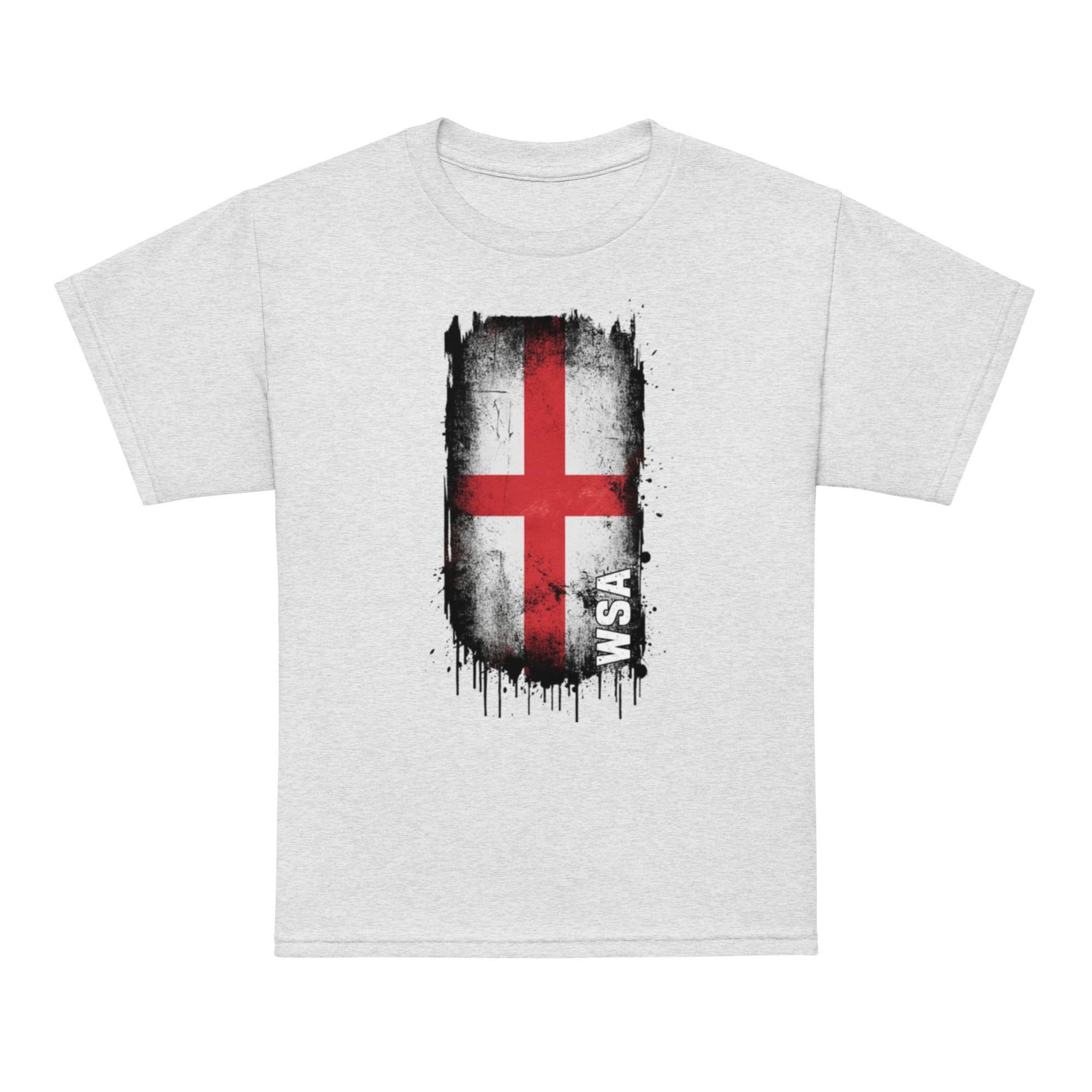 White t-shirt with a red and black flag design on a white background