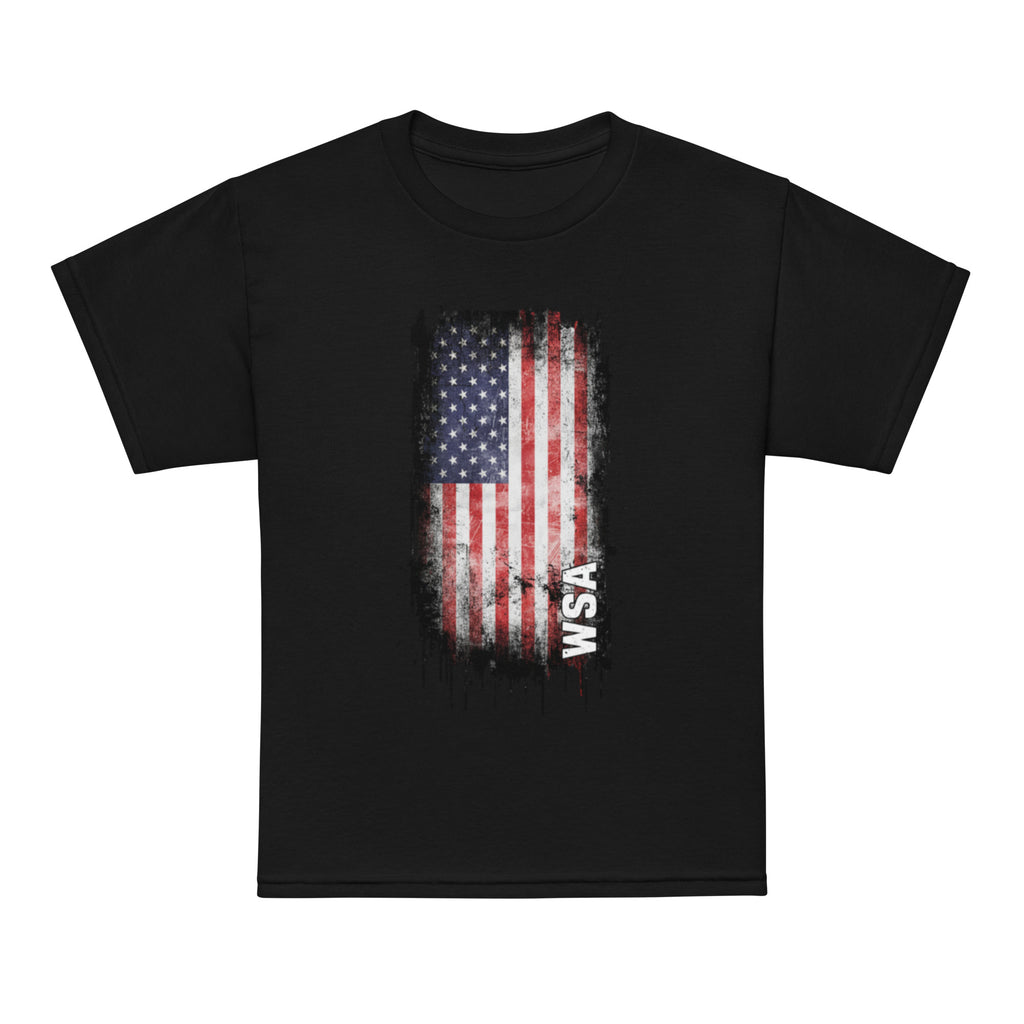 Black t-shirt with American flag graphic and 'WSA' text on a white background