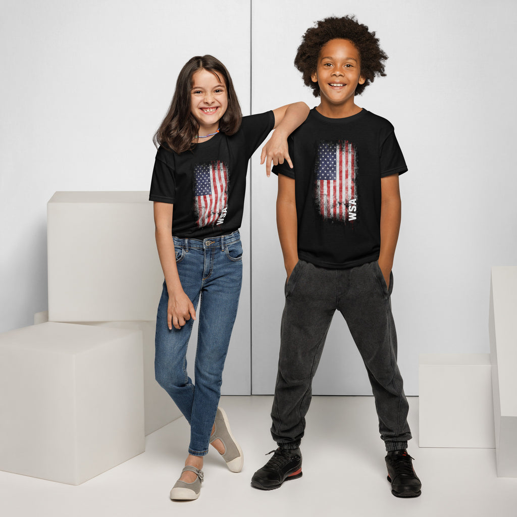 Two children wearing black t-shirts with American flag designs on a white background.