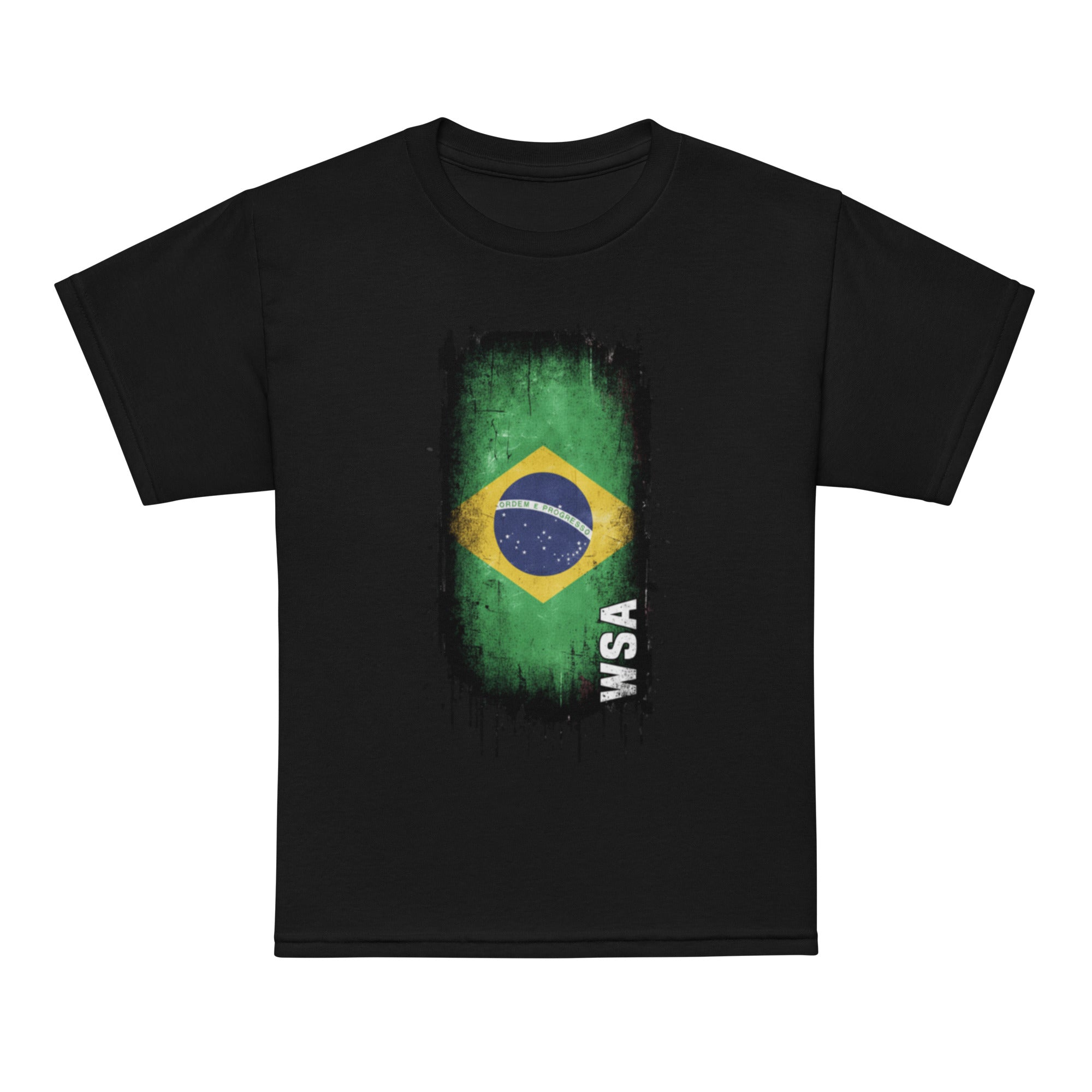 Black t-shirt with a Brazilian flag design on a white background
