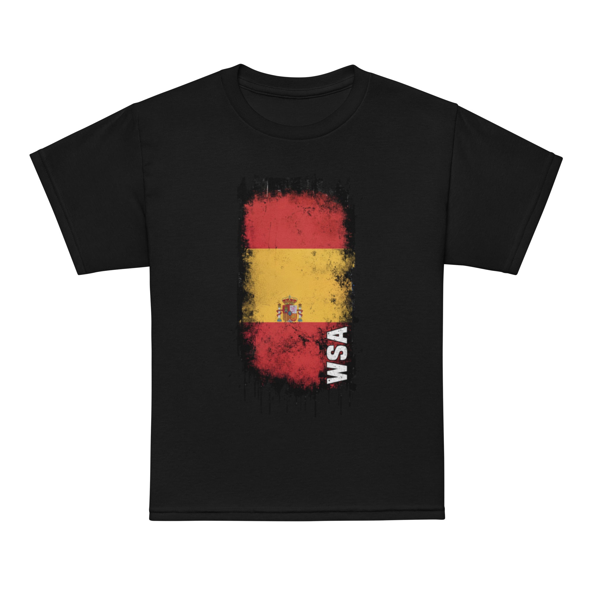 Black t-shirt with a red, yellow, and white graphic design on a white background