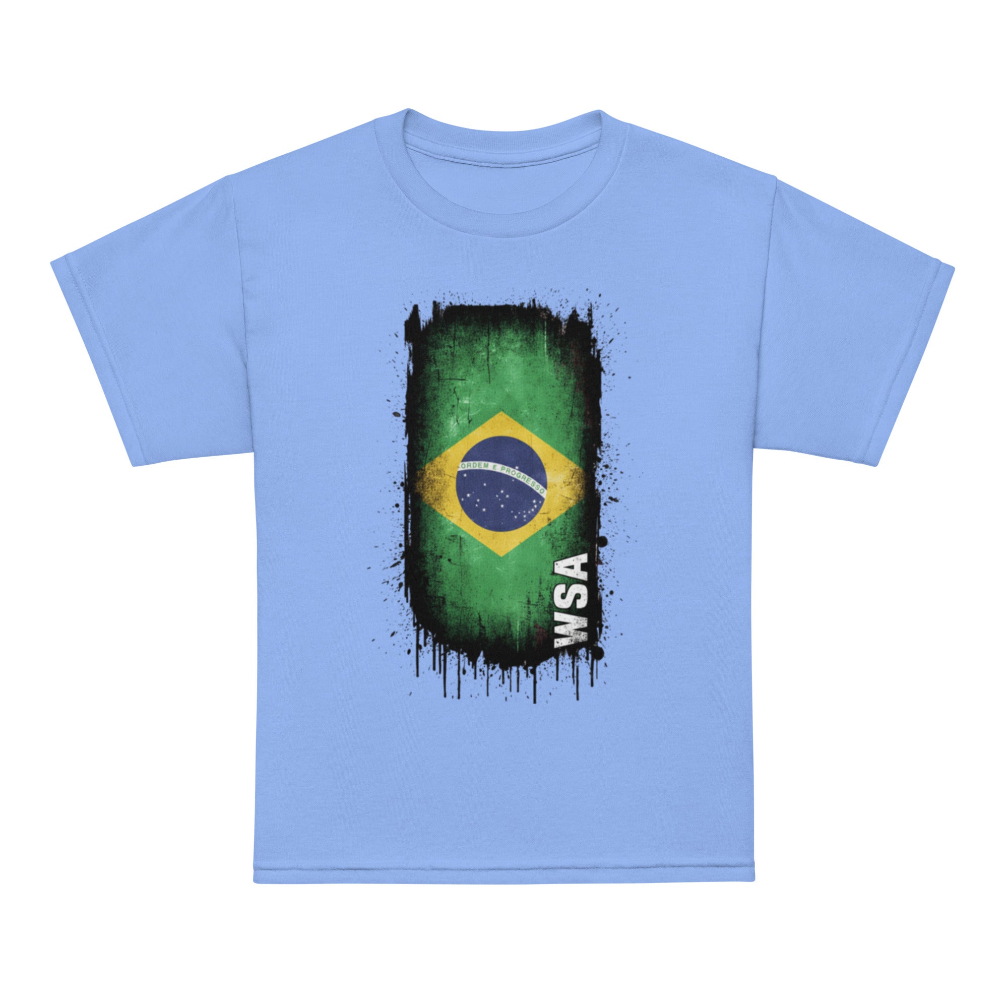 Light blue t-shirt with Brazilian flag design and 'WSA' text on a white background